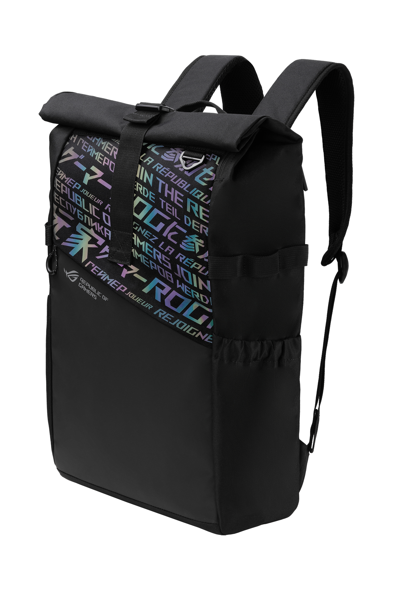 Schwarzer Rucksack mit irisierendem Text. Merkmale sind Träger, Seitentaschen und das Republic of Gamers-Logo.