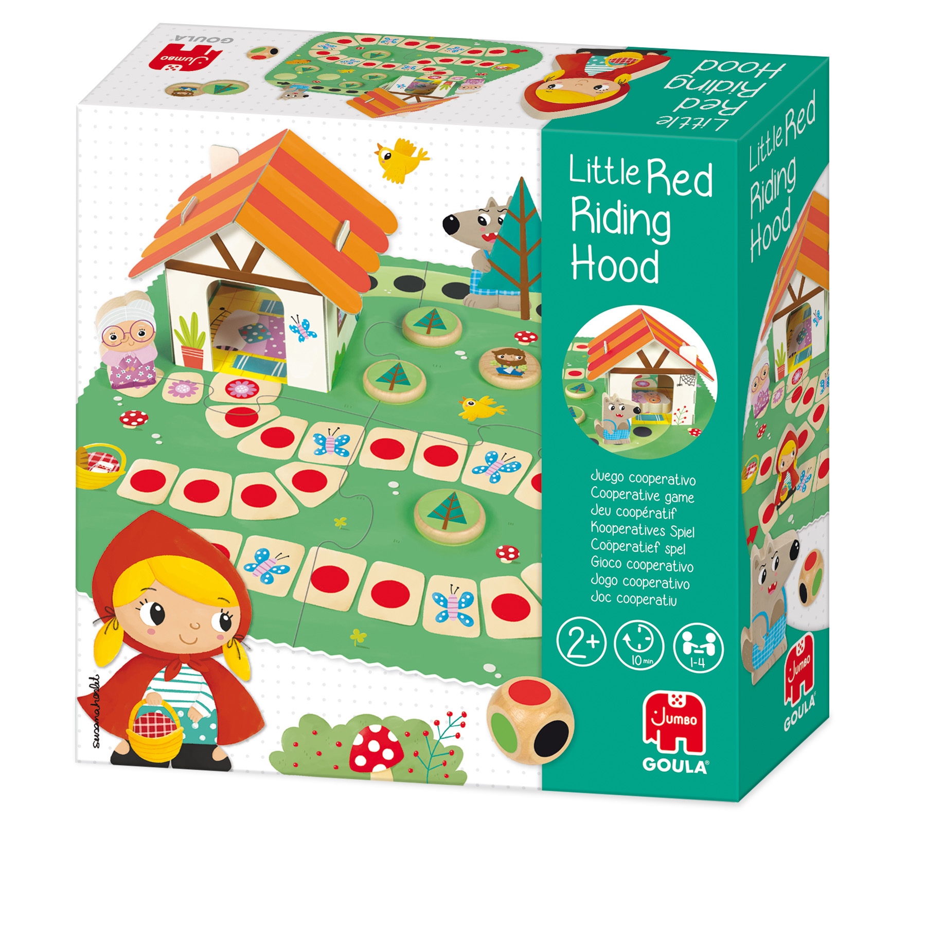 Pudełko gry "Czerwony Kapturek". Zawiera planszę, figurki i kości. Postacie: Czerwony Kapturek, Babcia, Wilk.