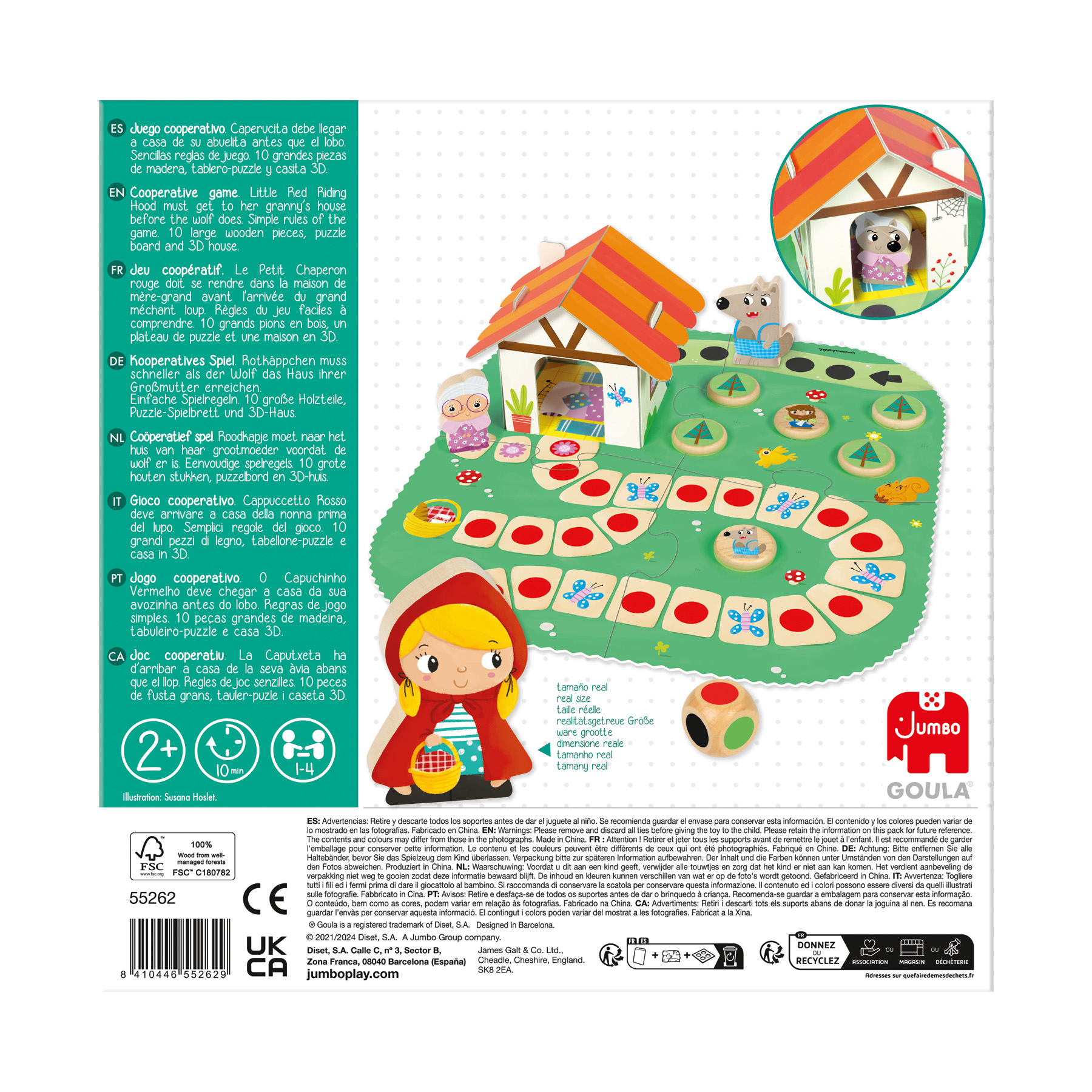 Gra planszowa z domkiem, Czerwonym Kapturkiem, wilkiem i pionkami.