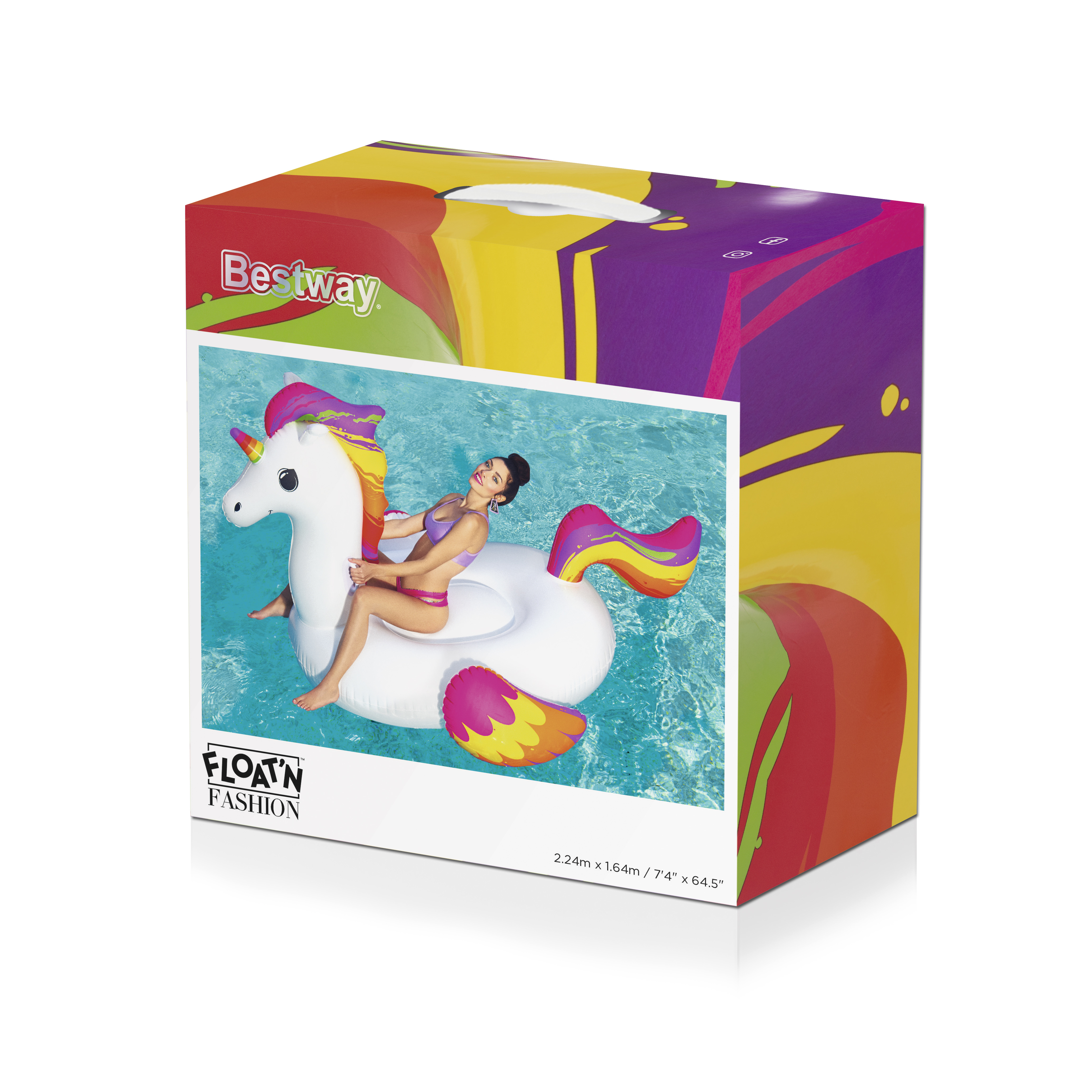 La caja muestra a una mujer en un flotador de unicornio en una piscina. La caja es colorida con el logo de Bestway.
