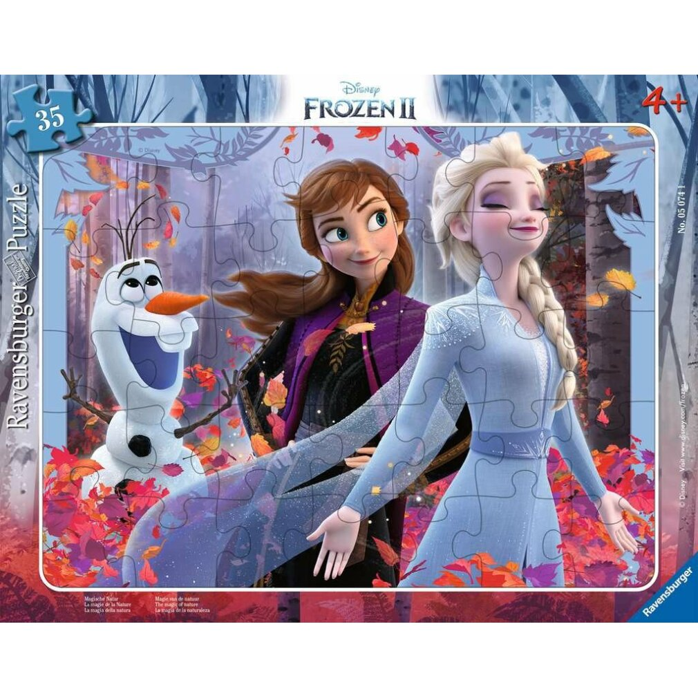 Puzzle di Frozen II: Elsa, Anna e Olaf in un bosco con foglie autunnali. Elsa indossa l'azzurro, Anna il viola e Olaf il bianco.