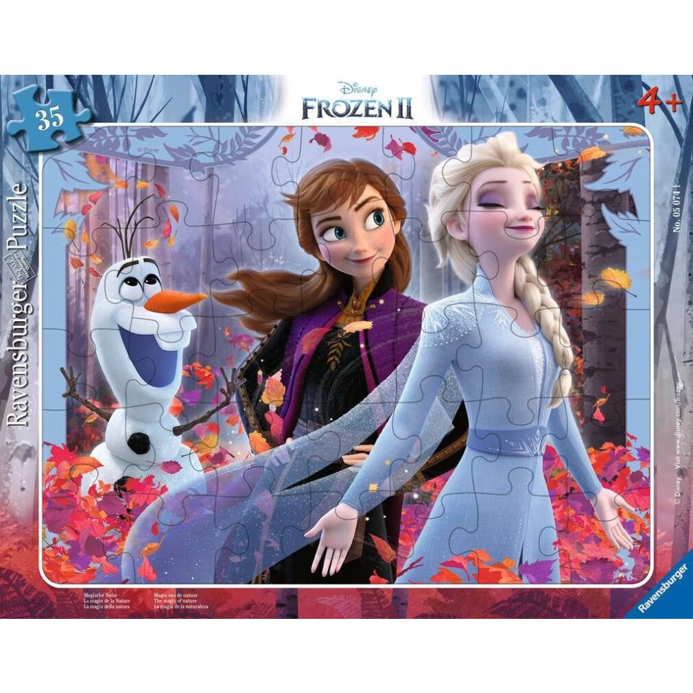 Puzzle con i personaggi di Frozen 2: Elsa, Anna e Olaf. Foglie autunnali e sfondo della foresta.