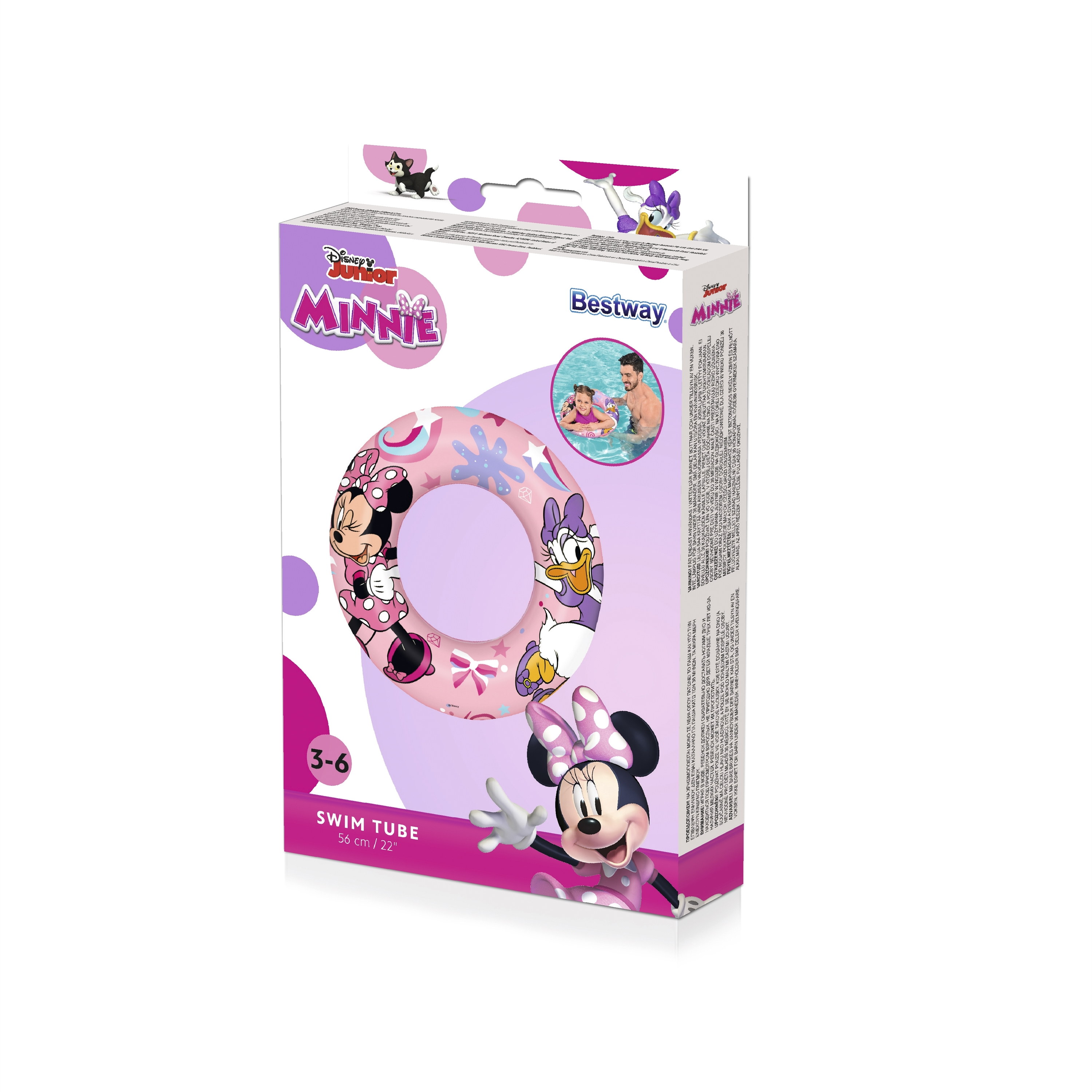 Flotador de Minnie Mouse en caja. Colores rosa y morado. Se muestran Minnie, Daisy y otros personajes.