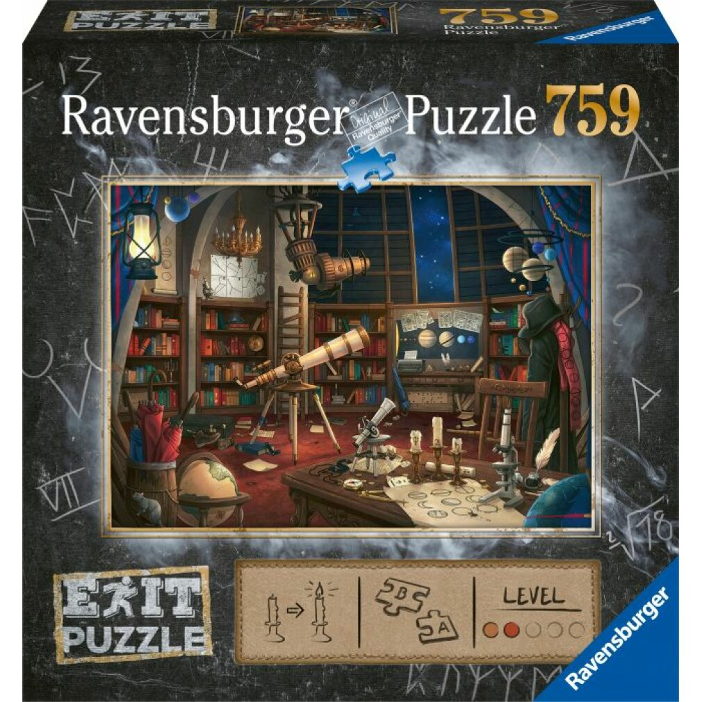 Una scatola di puzzle Ravensburger. Mostra un'illustrazione di una stanza con telescopi, libri e una vista del cielo notturno attraverso una finestra.