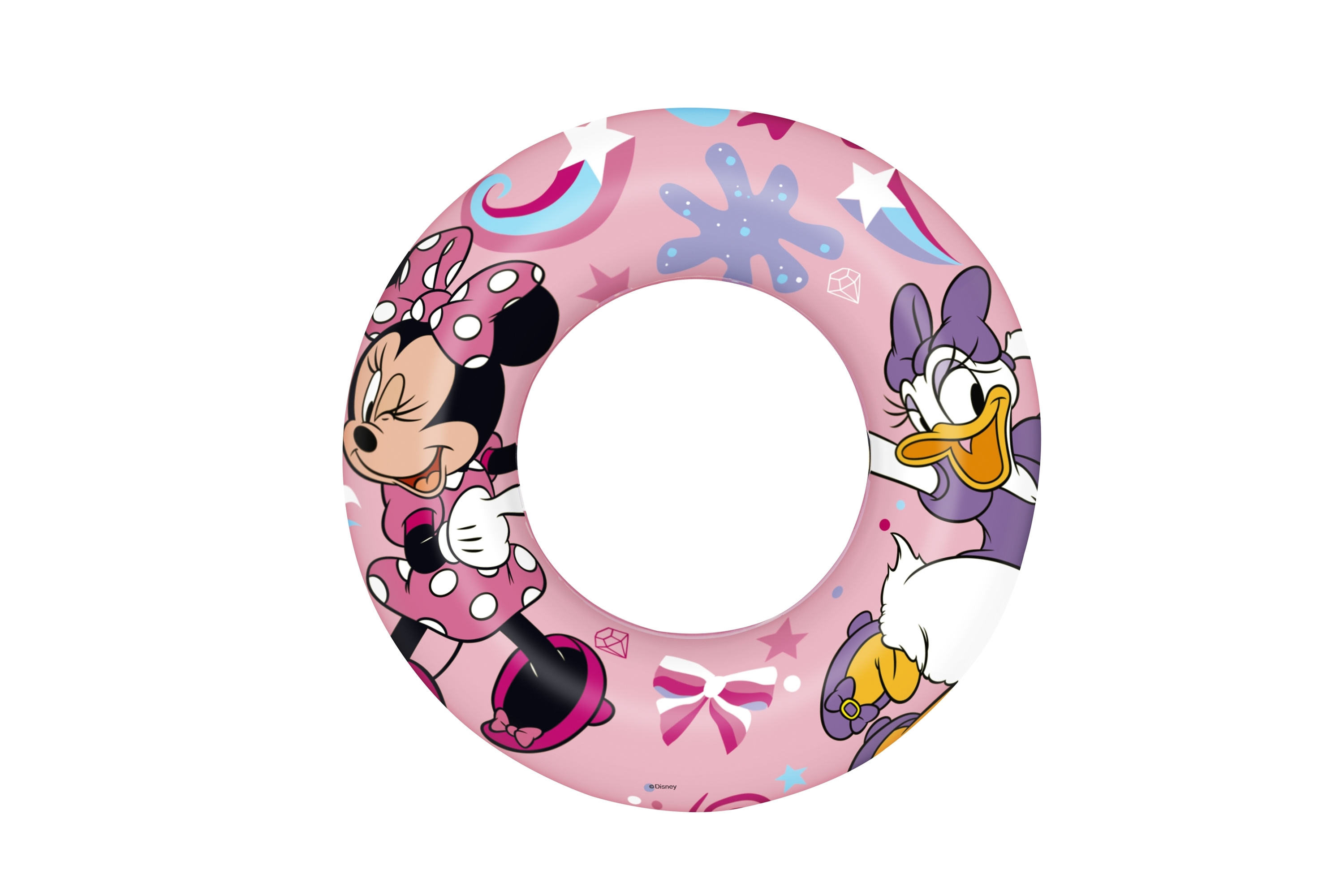 Anillo inflable rosa con Minnie Mouse y Daisy. Estrellas decorativas, lazo y diamantes.