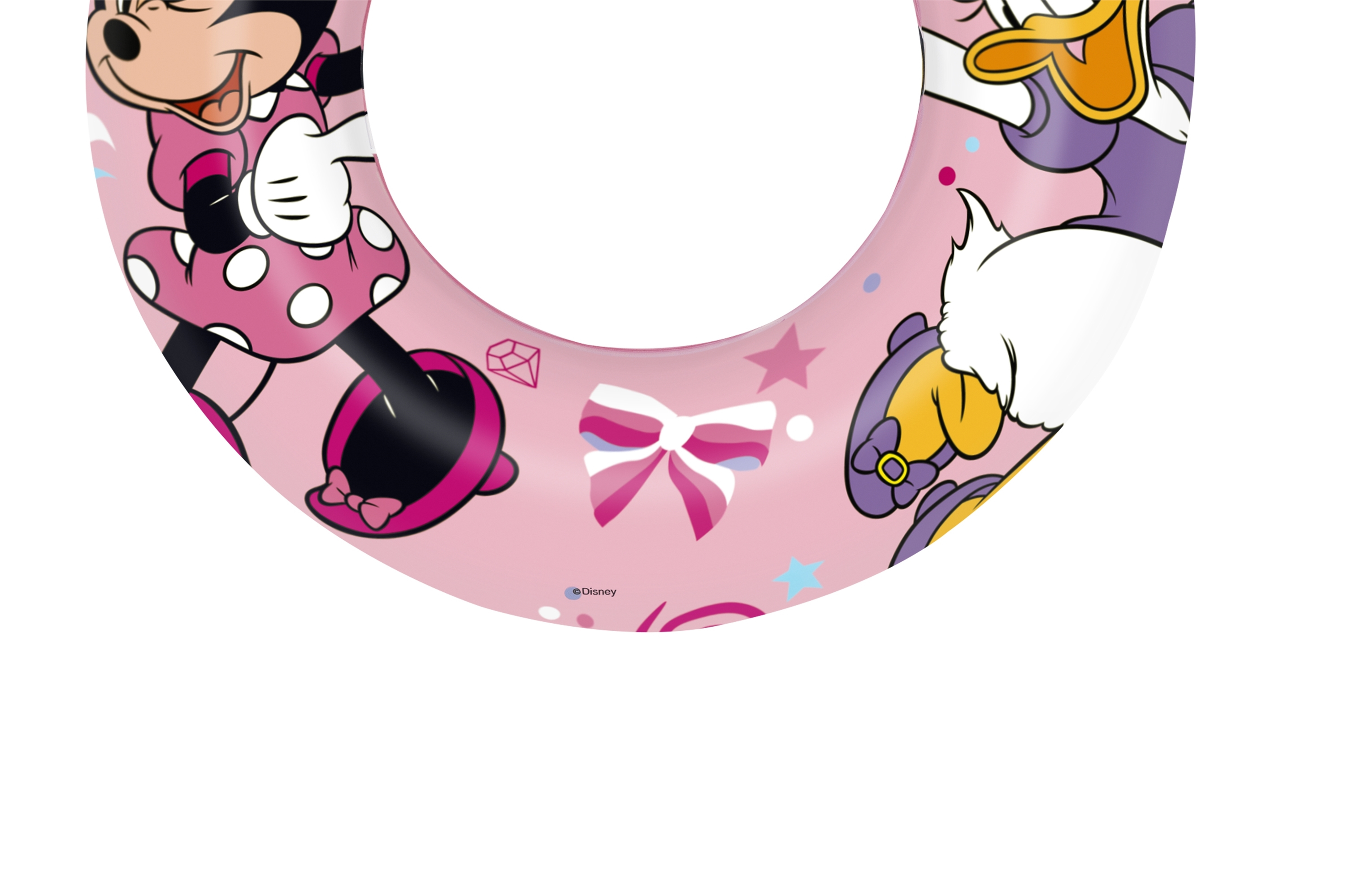 Anillo inflable rosa con Minnie y Daisy Duck, con lunares, lazos y estrellas.