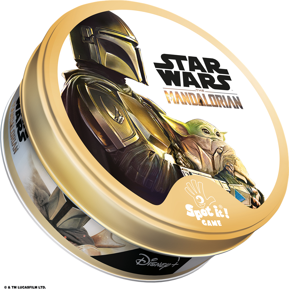 Puszka do gry Spot It! z Mandalorianinem i Grogu. Puszka ma złoty i biały design z logo Star Wars.