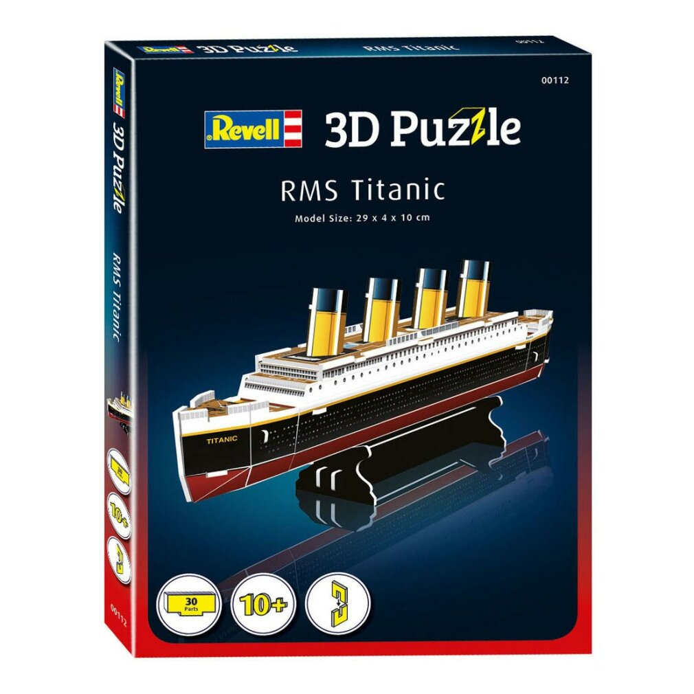 Pudełko z puzzlami 3D Revell przedstawia model Titanica. Pudełko jest niebieskie z modelem statku. Szczegóły obejmują rozmiar, wiek i liczbę części.