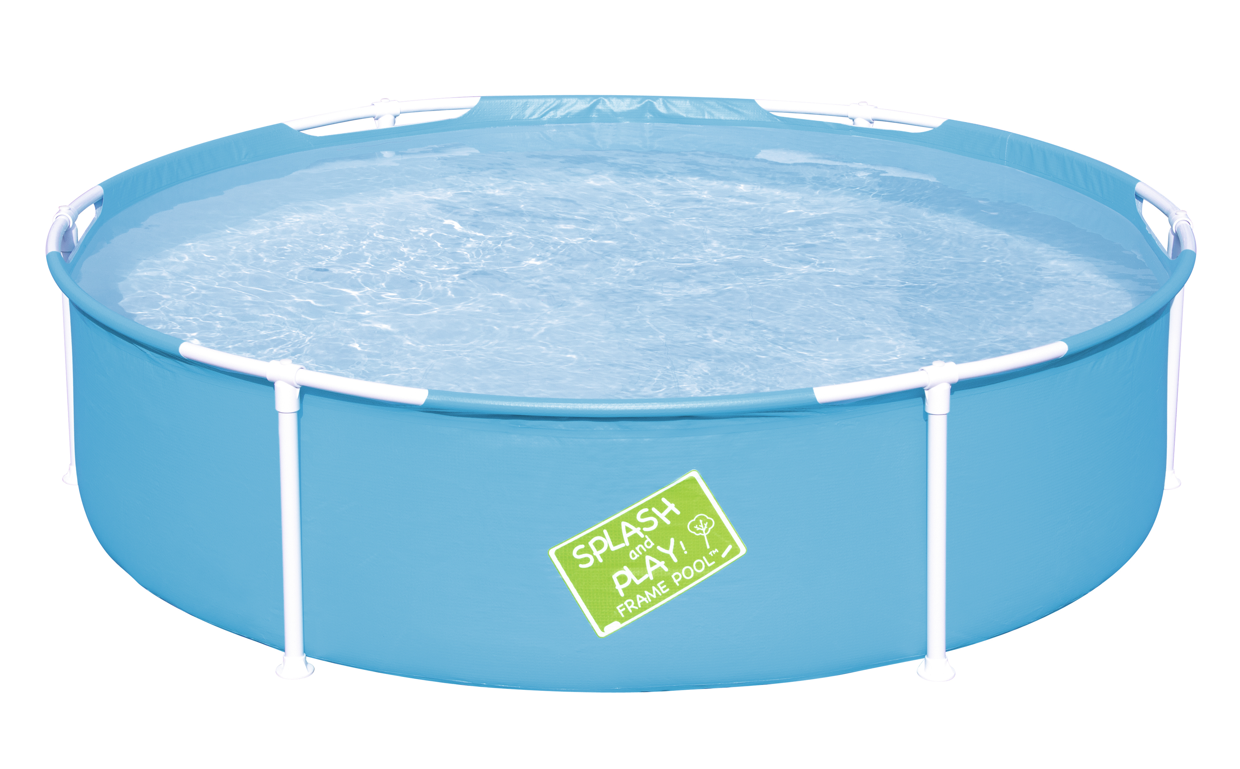 Ein runder, blauer Pool über dem Boden, gefüllt mit Wasser. Weißer Rahmen stützt die blauen Seiten. Grünes Logo an der Seite.