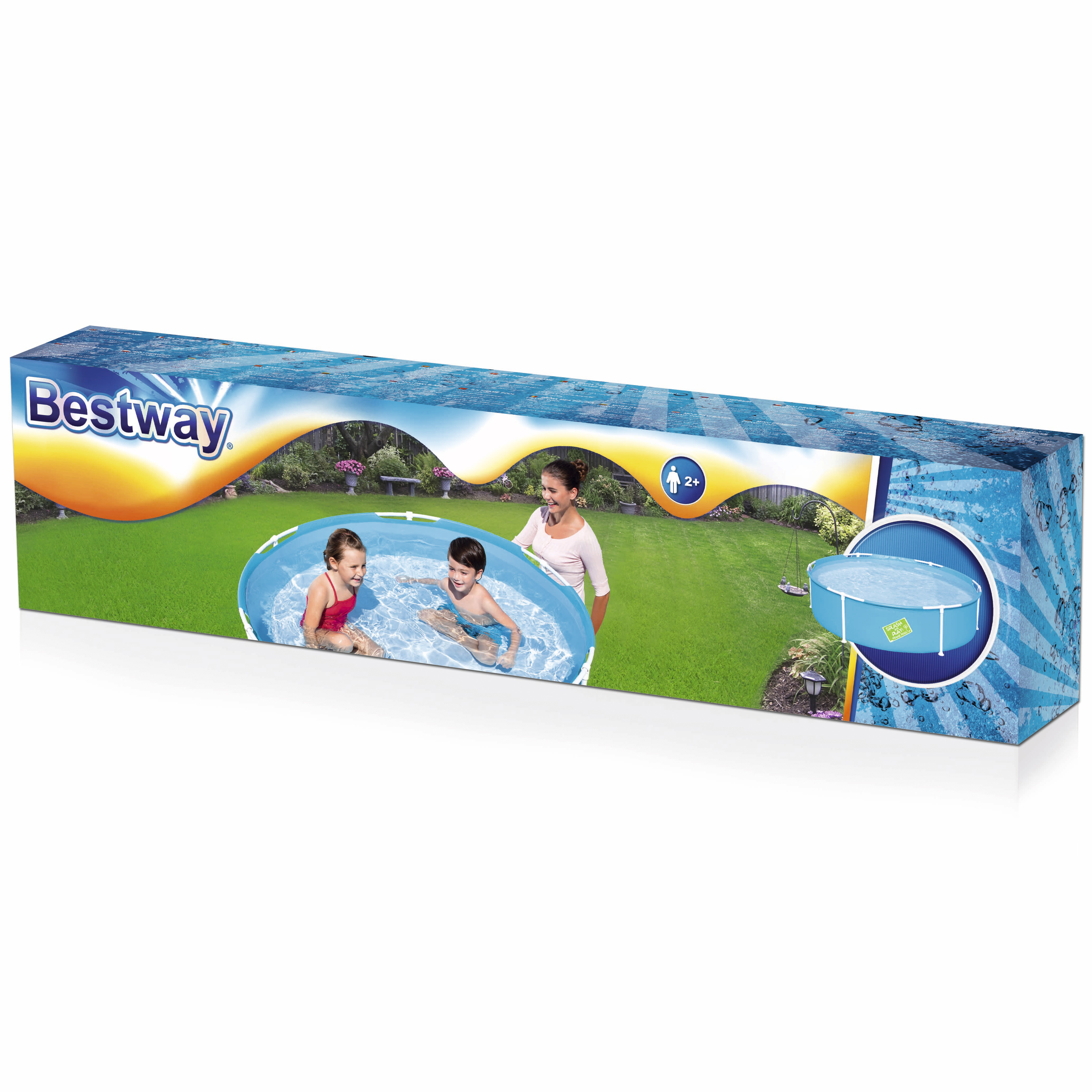 Die Box zeigt einen Pool mit Kindern und einer Frau. Grünes Gras im Hintergrund. Die Box hat ein Bestway-Logo.