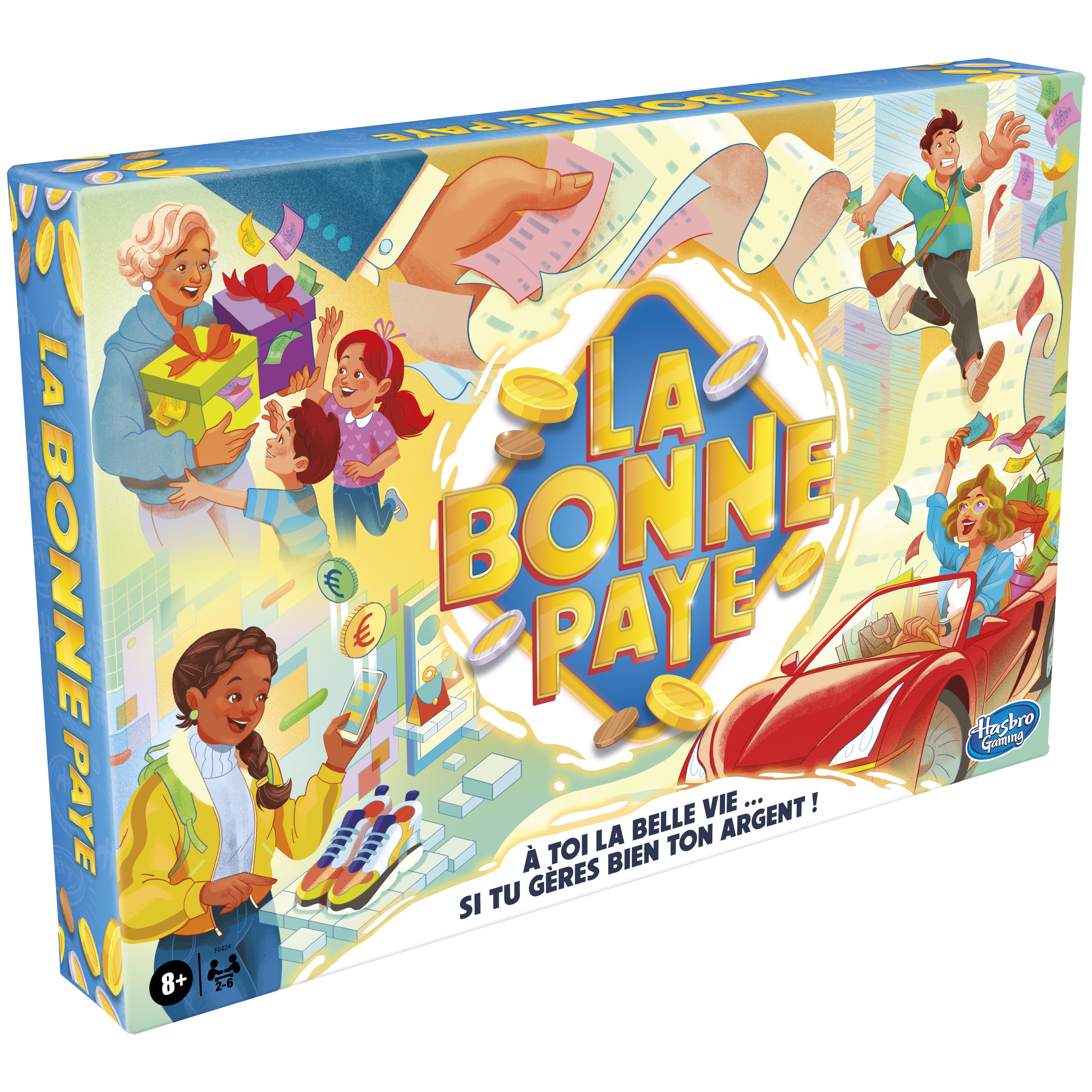Spielbox mit Menschen, Geld und einem roten Auto. Der Titel 'La Bonne Paye' ist prominent. Hasbro Gaming Logo vorhanden.