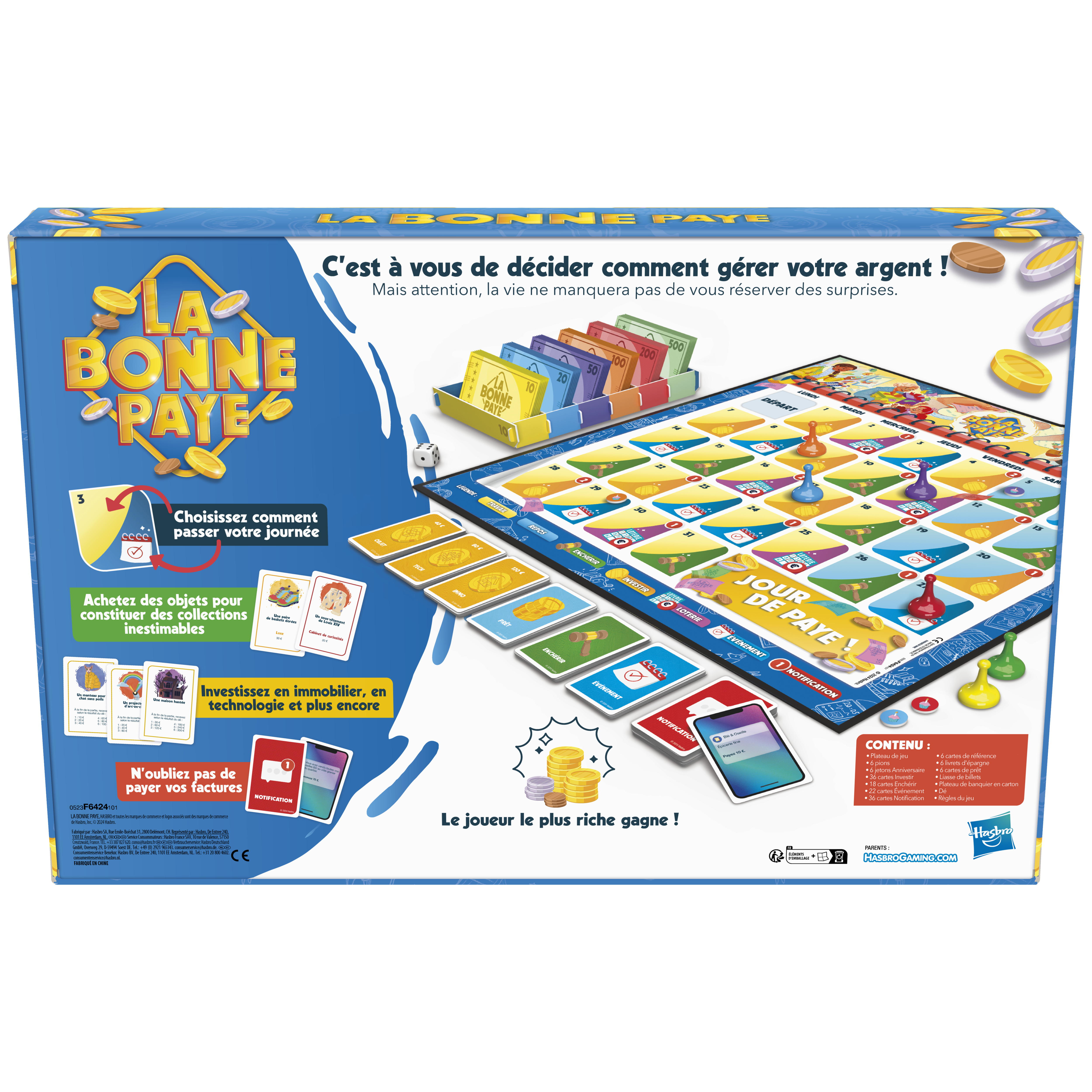 Brettspielbox mit farbenfrohem Design. Enthält Spielbrett, Karten, Geld und Spielsteine, mit Text auf Französisch.