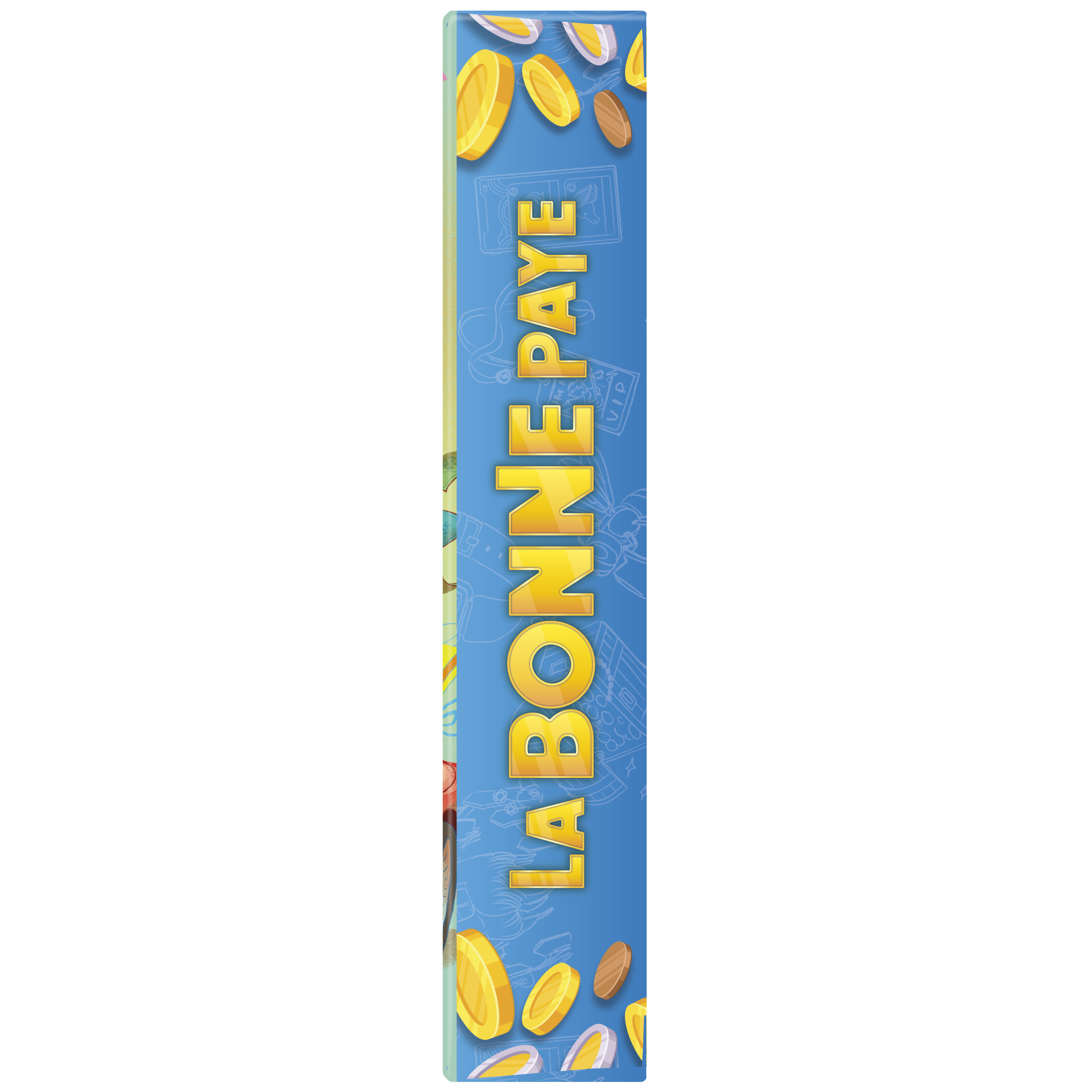Eine Spielbox mit blauem Hintergrund und goldenem Text, der 'LA BONNE PAYE' sagt. Goldmünzen sind verstreut.