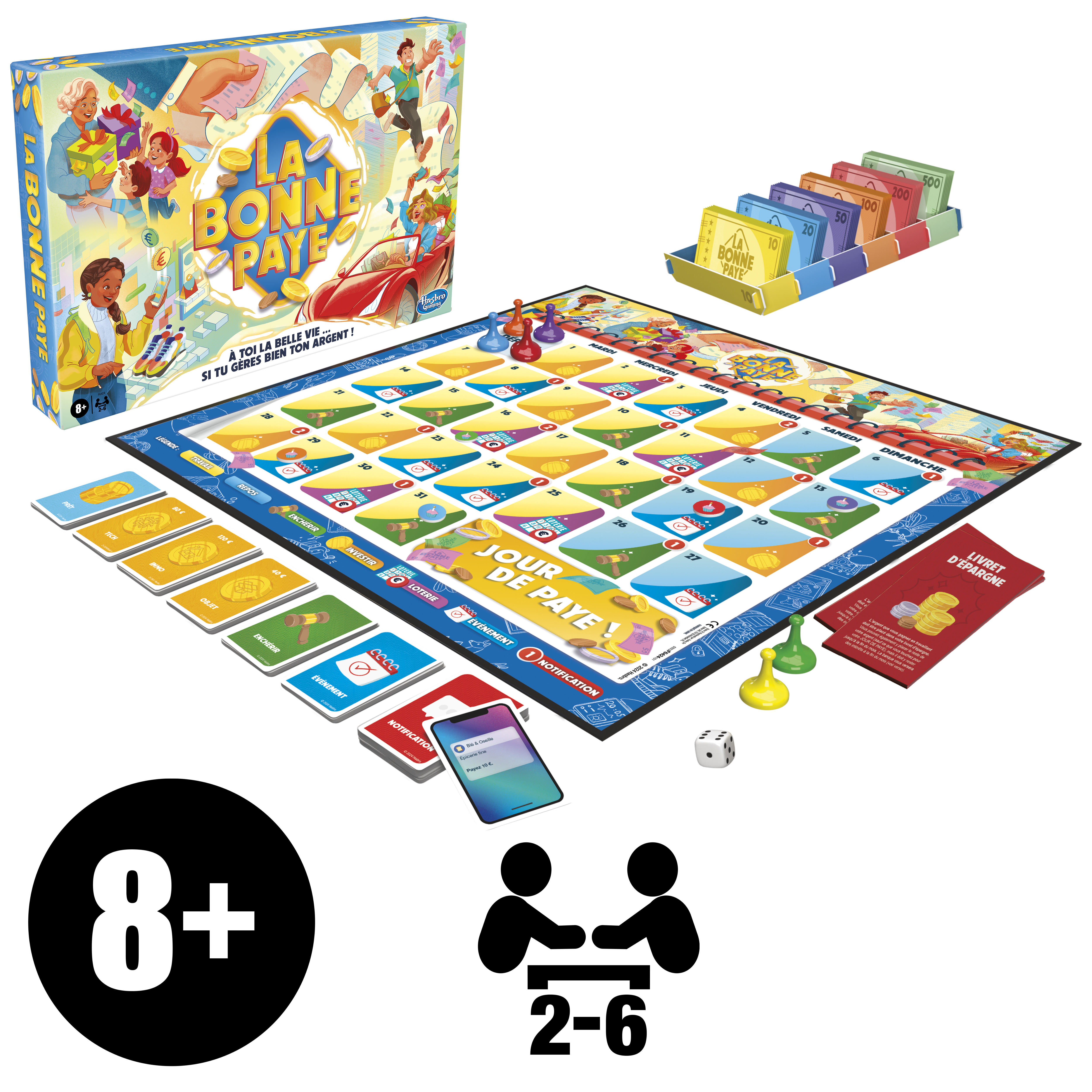 Brettspiel 'La Bonne Paye' mit Spielbrett, Geld, Würfel, Karten, Spielsteinen und Spielbox. Ab 8 Jahren.