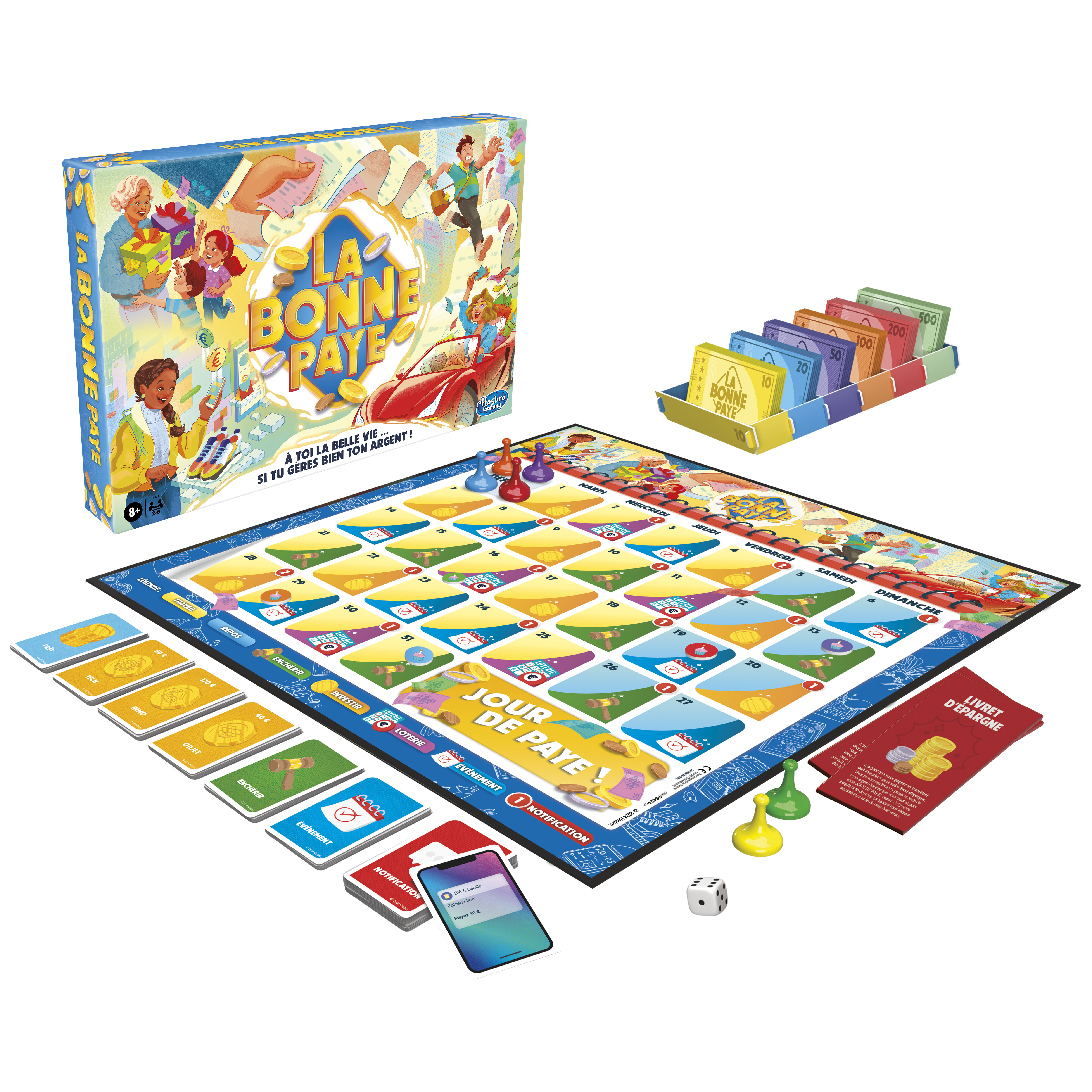 Brettspiel 'La Bonne Paye' mit Karten, Geld, Würfeln und Spielfiguren. Box-Art zeigt Leute mit Geld.