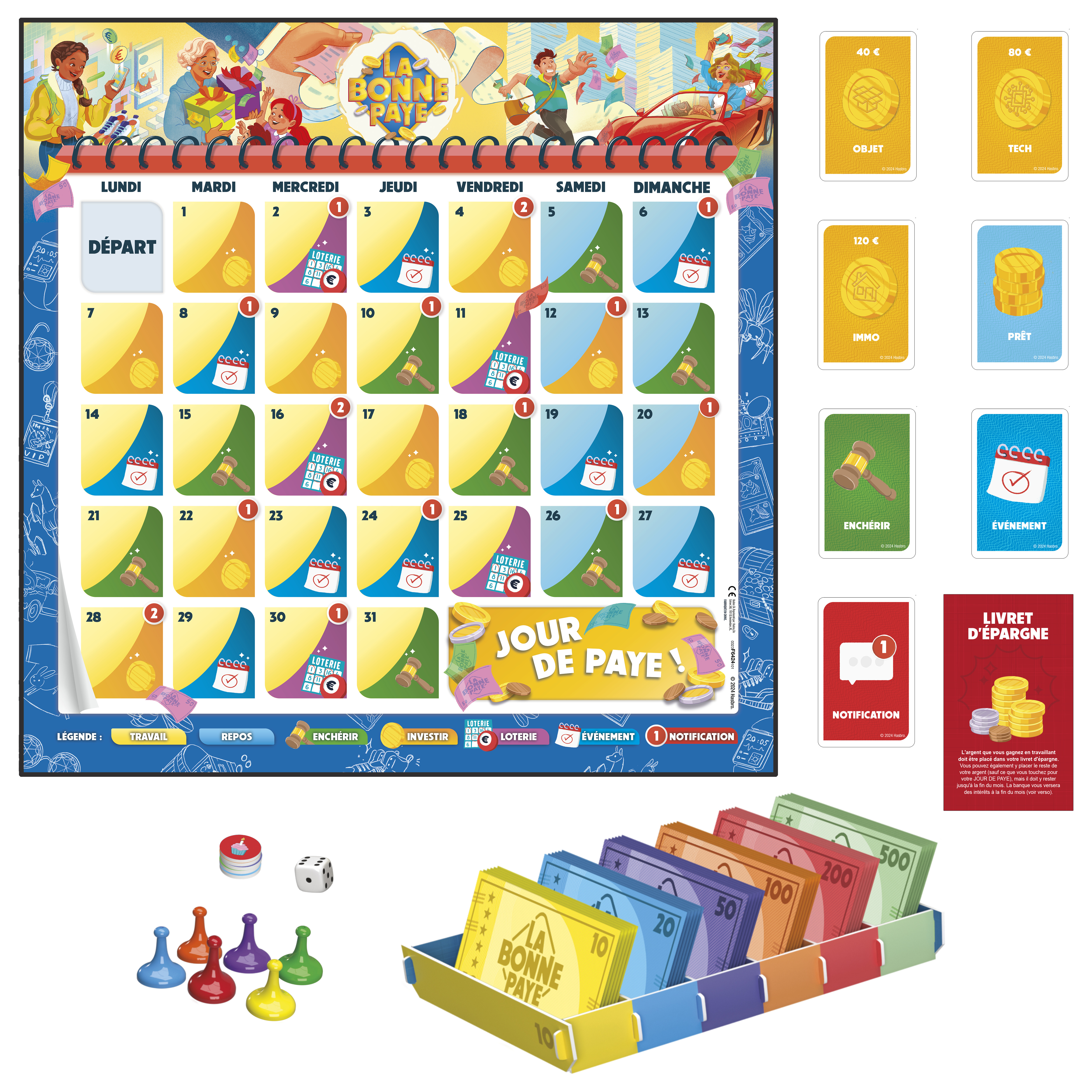 Brettspiel mit Kalender, Karten, Spielgeld, Würfeln und Spielfiguren. Der Kalender enthält Illustrationen und Text.