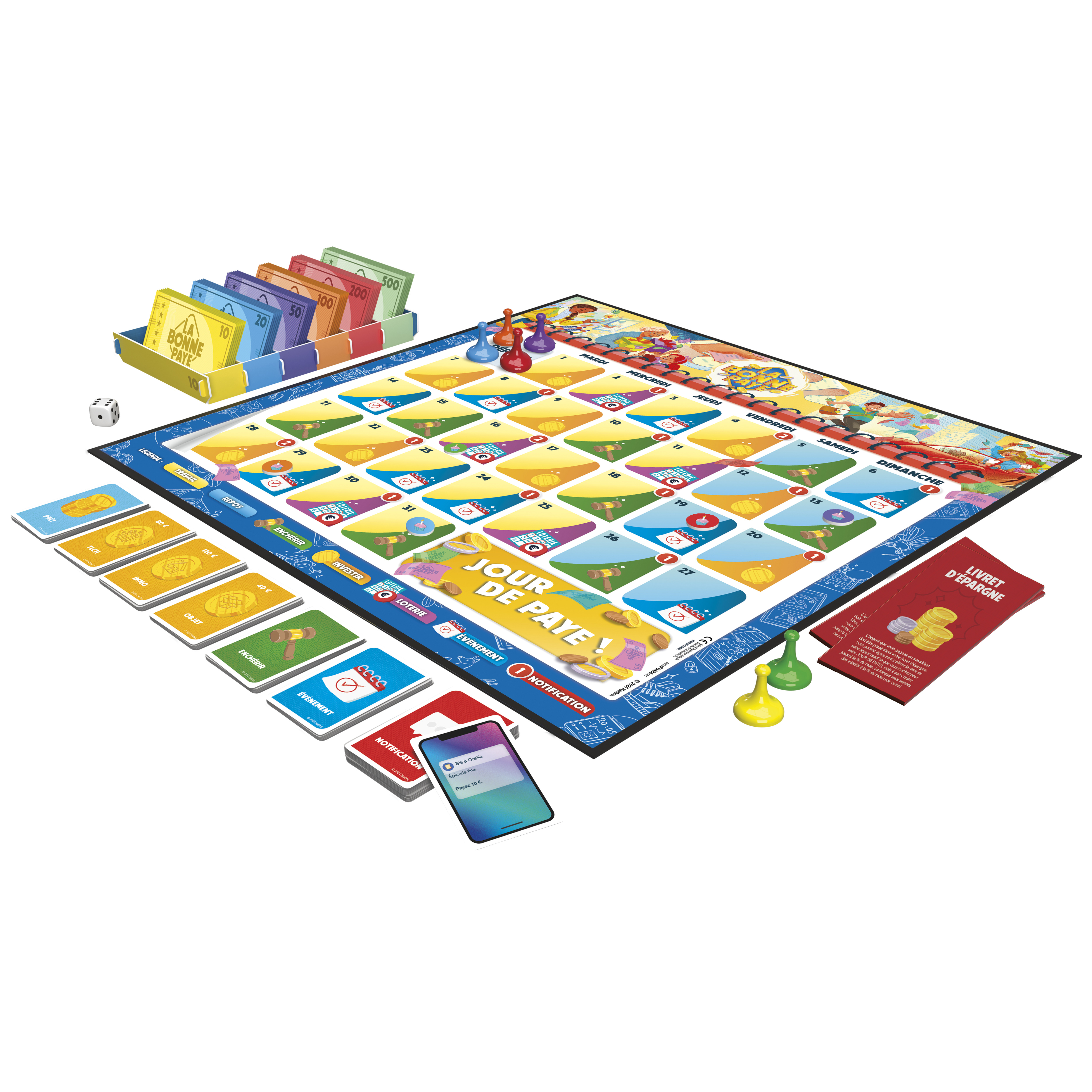 Brettspiel mit Geld, Karten, Würfeln und Spielfiguren. Das Spielbrett ist farbenfroh und hat nummerierte Felder.