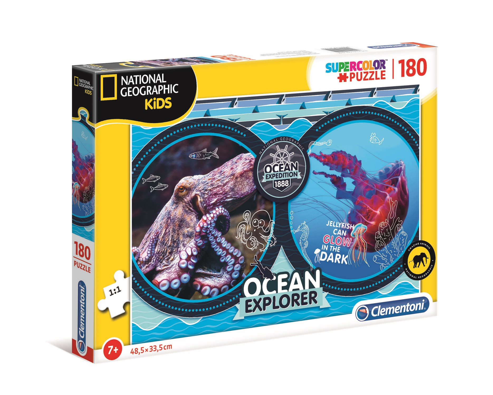 Pudełko z puzzlami z ośmiornicą i meduzami. Tekst zawiera 'National Geographic Kids', 'Ocean Explorer' i '180 elementów'.