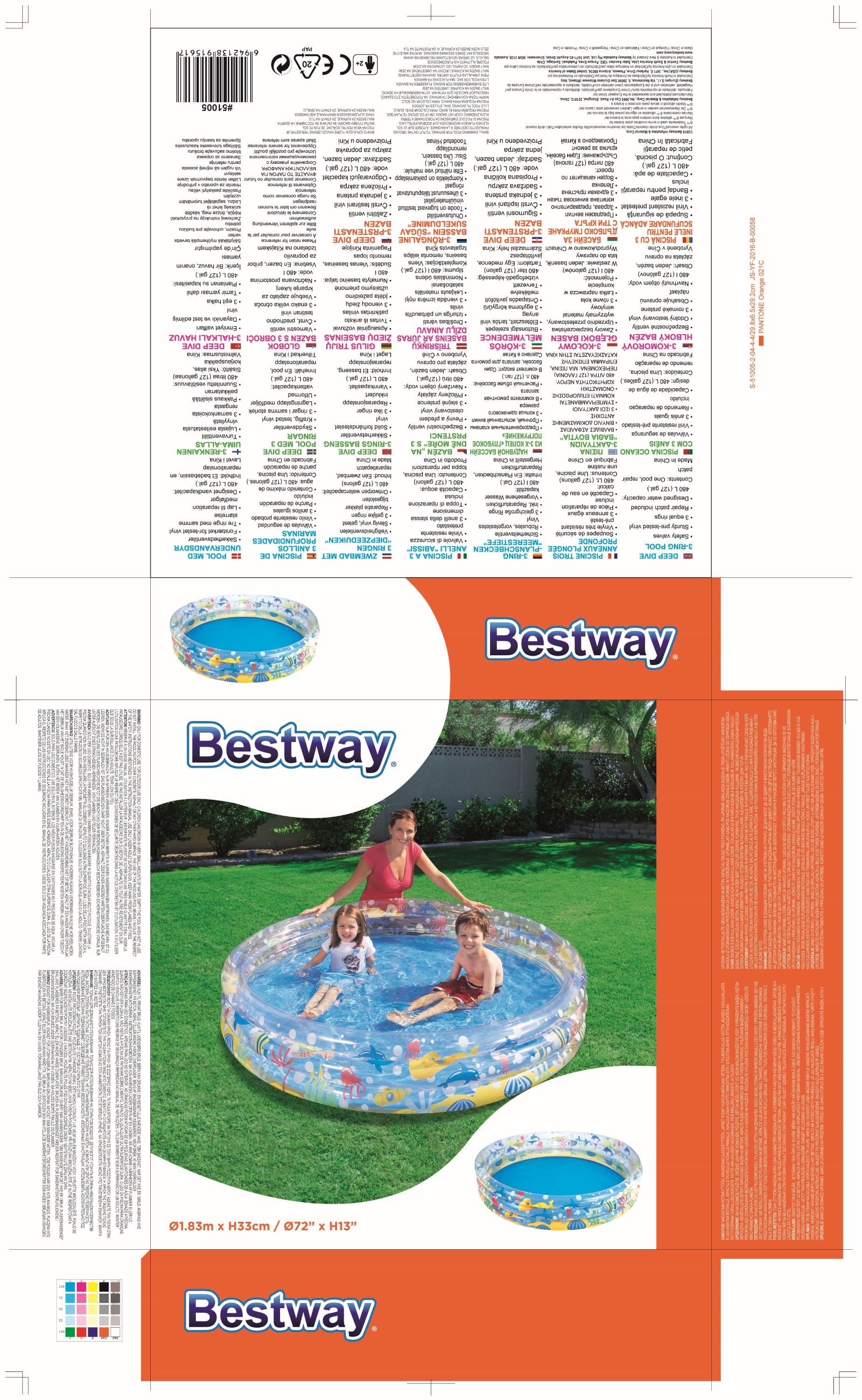 Bestway-Poolbox mit Bild eines Pools mit Kindern und einer Frau auf grünem Gras.