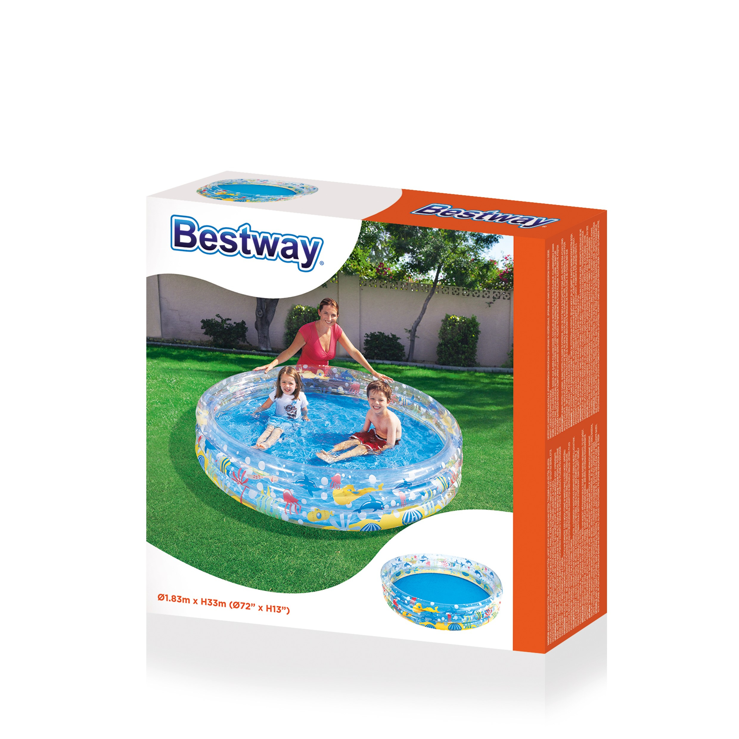 Auf der Schachtel befindet sich ein Pool mit 3 Personen. Eine Frau und zwei Kinder. Auf der Schachtel steht Bestway.
