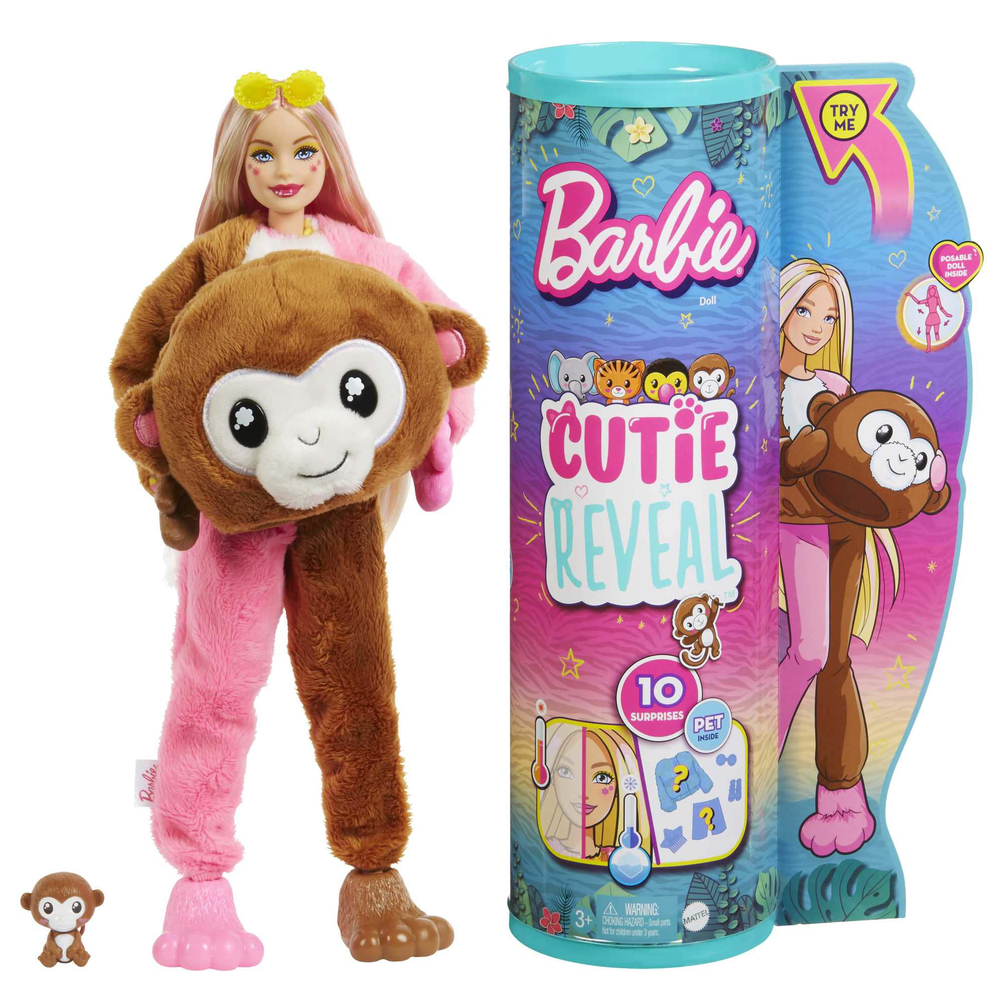 Barbie-Puppe mit Affenkostüm. Die Verpackung zeigt die Puppe, den Text 'Cutie Reveal' und '10 Überraschungen'. Ein kleines Affenspielzeug ist ebenfalls vorhanden.
