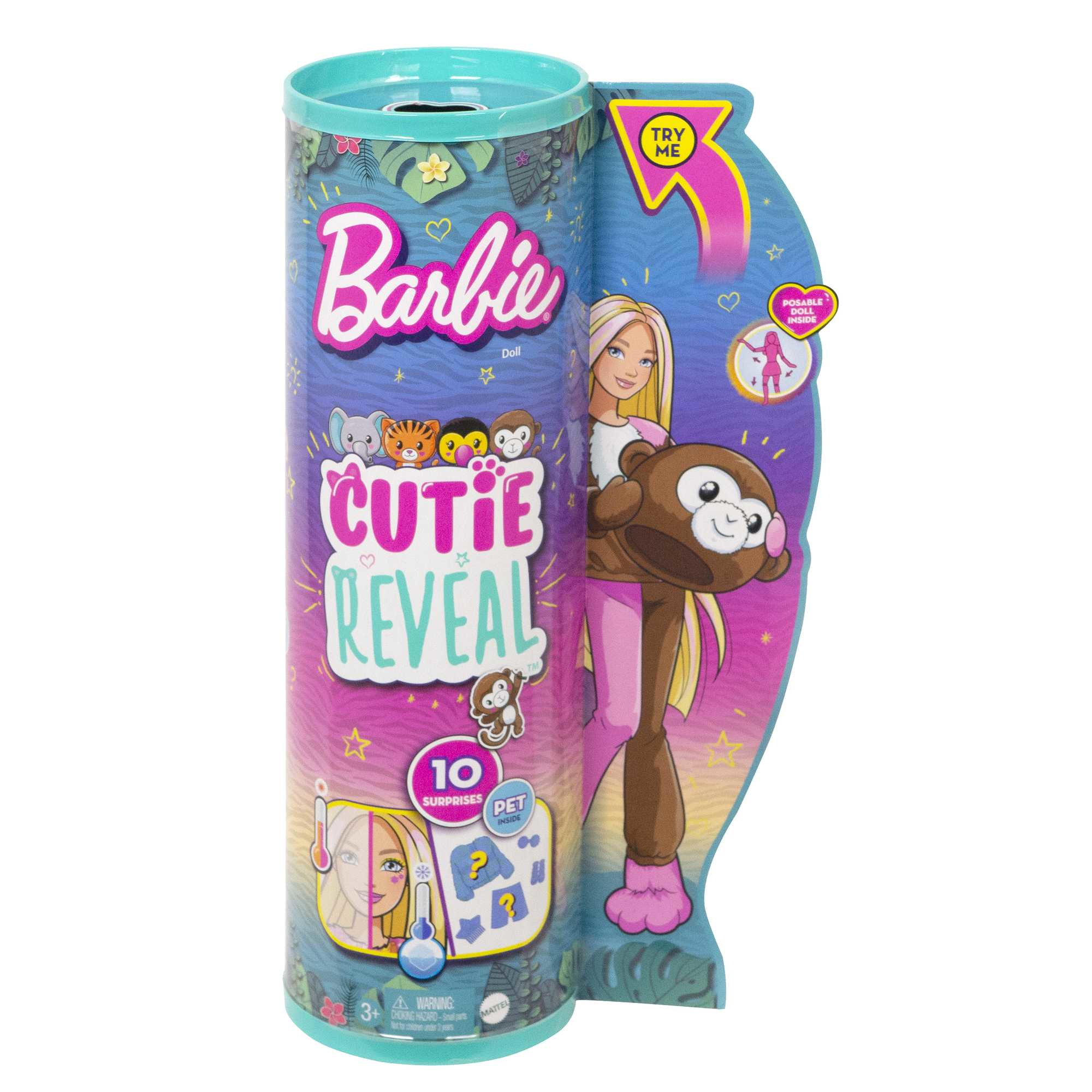 Barbie Cutie Reveal Puppenverpackung. Enthält eine Barbie-Puppe und ein Affenkostüm. Es hat einen 'Try Me'-Pfeil.