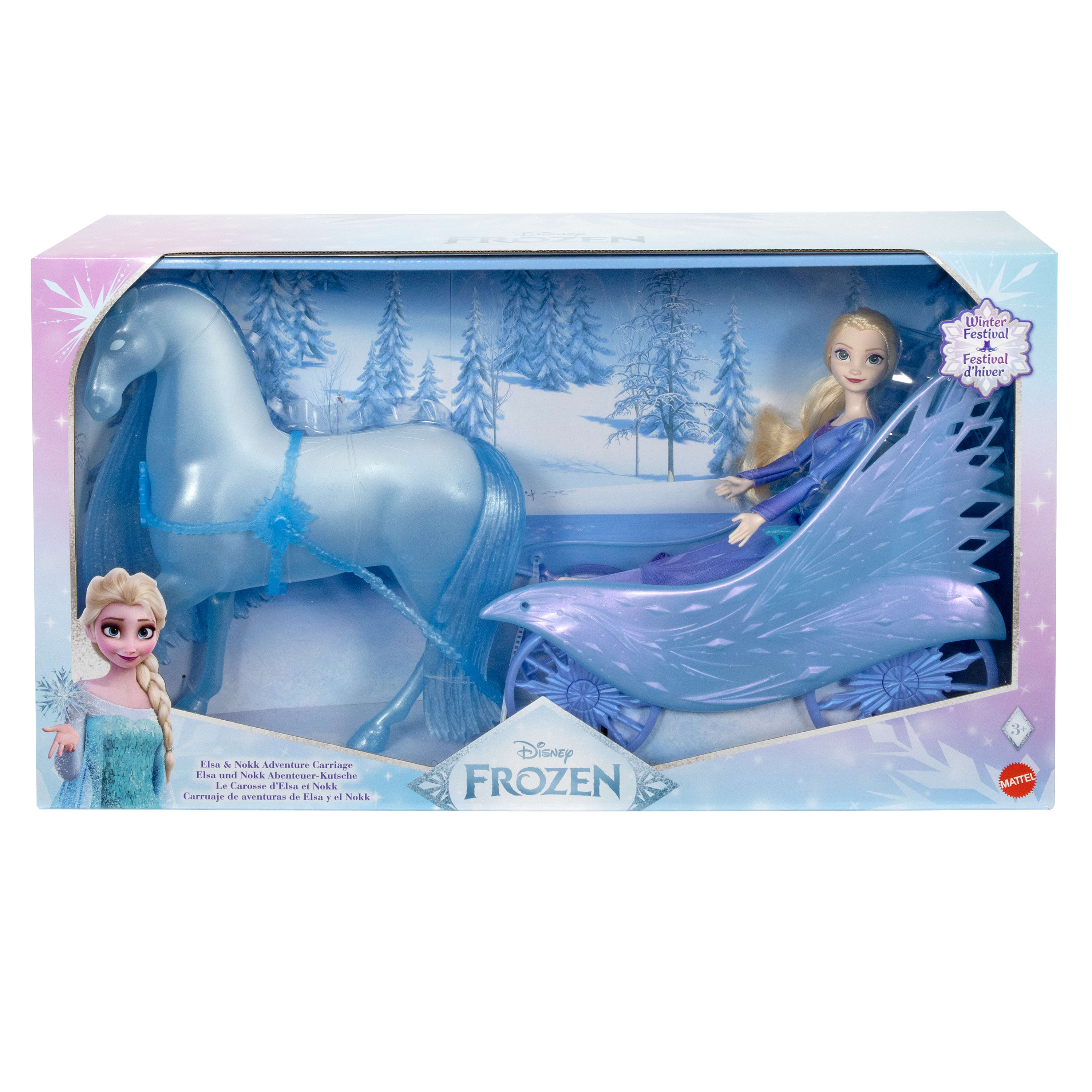 Ein Frozen-Spielzeugset in einer Box. Es enthält ein blaues Pferd, eine Kutsche und eine Elsa-Puppe.