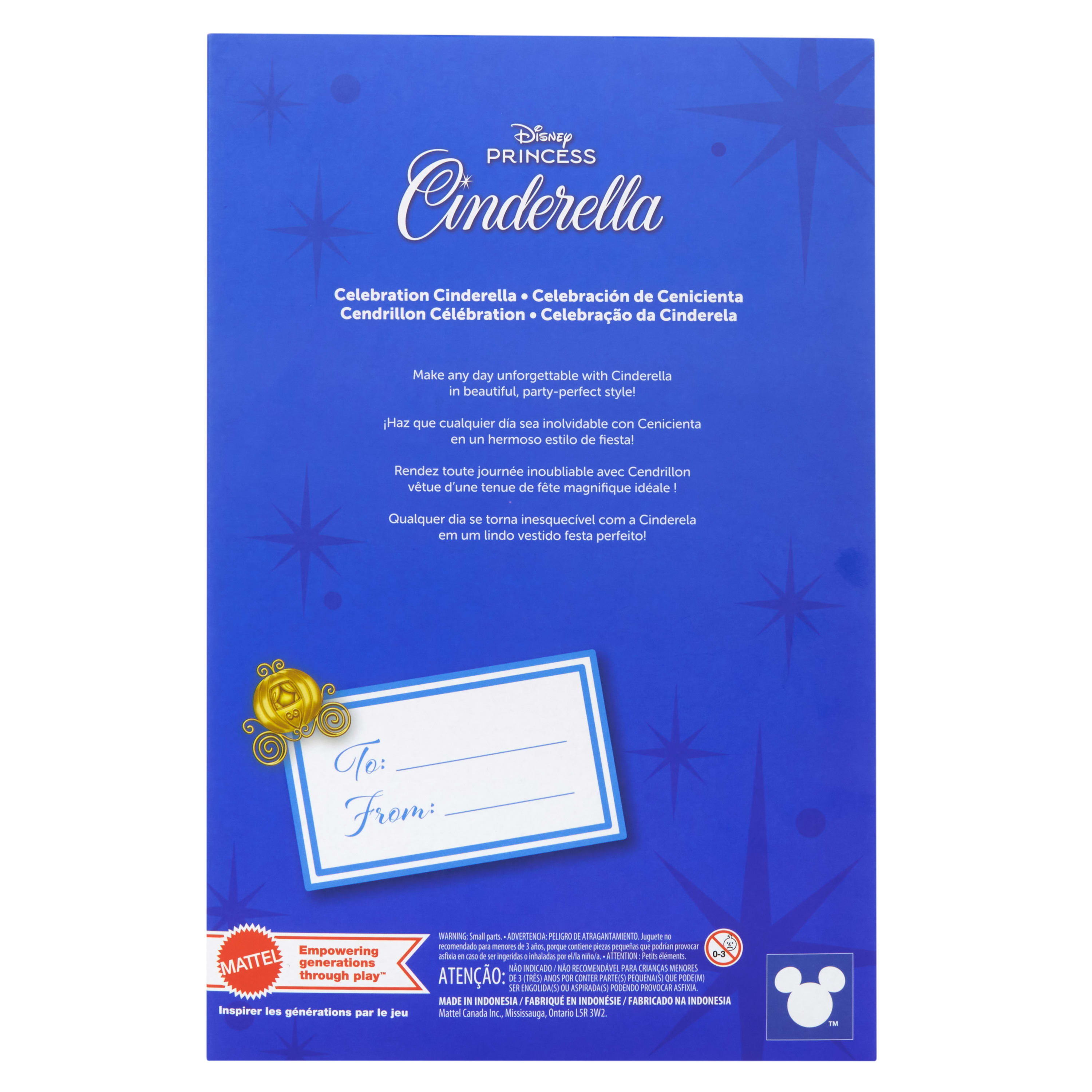 Niebieskie pudełko z motywem Kopciuszka. Zawiera tekst i złoty wzór dorożki. Zawiera instrukcje i ostrzeżenia.