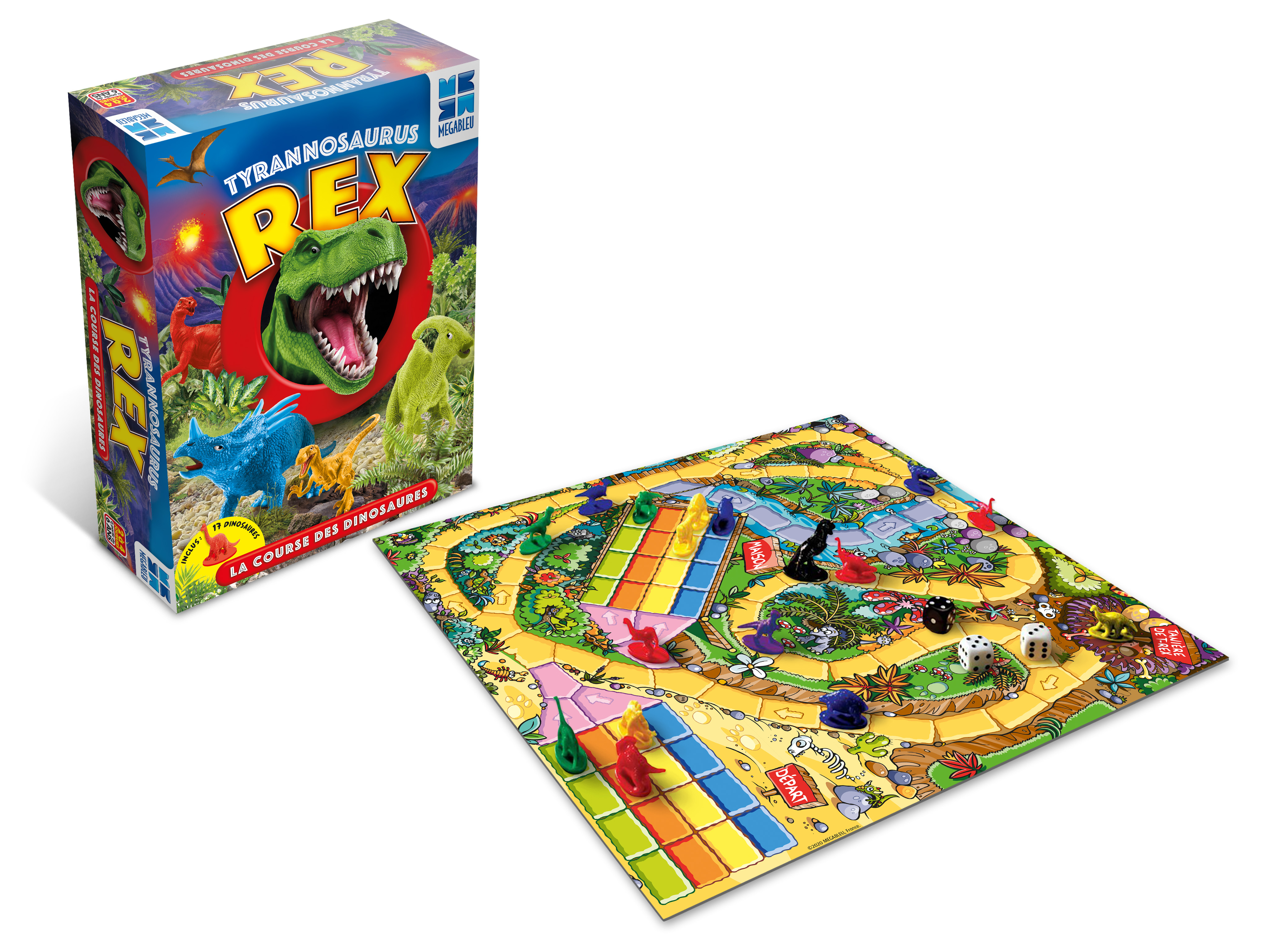 Una scatola del gioco da tavolo Tyrannosaurus Rex e il tabellone di gioco sono esposti. Ci sono dinosauri sia sulla scatola che sul tabellone.