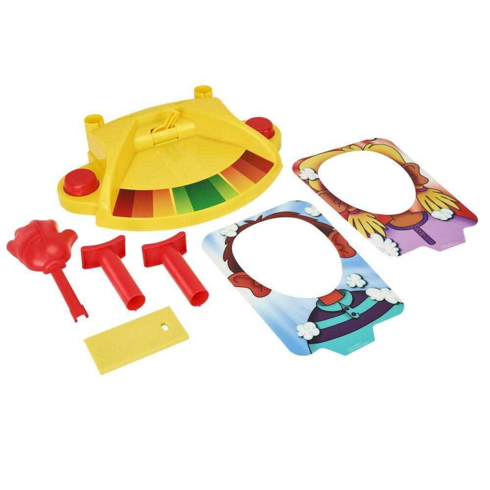 Żółta podstawa gry z segmentami kolorów, czerwonymi elementami i kartami do gry w kształcie twarzy rozrzuconymi na białym tle.