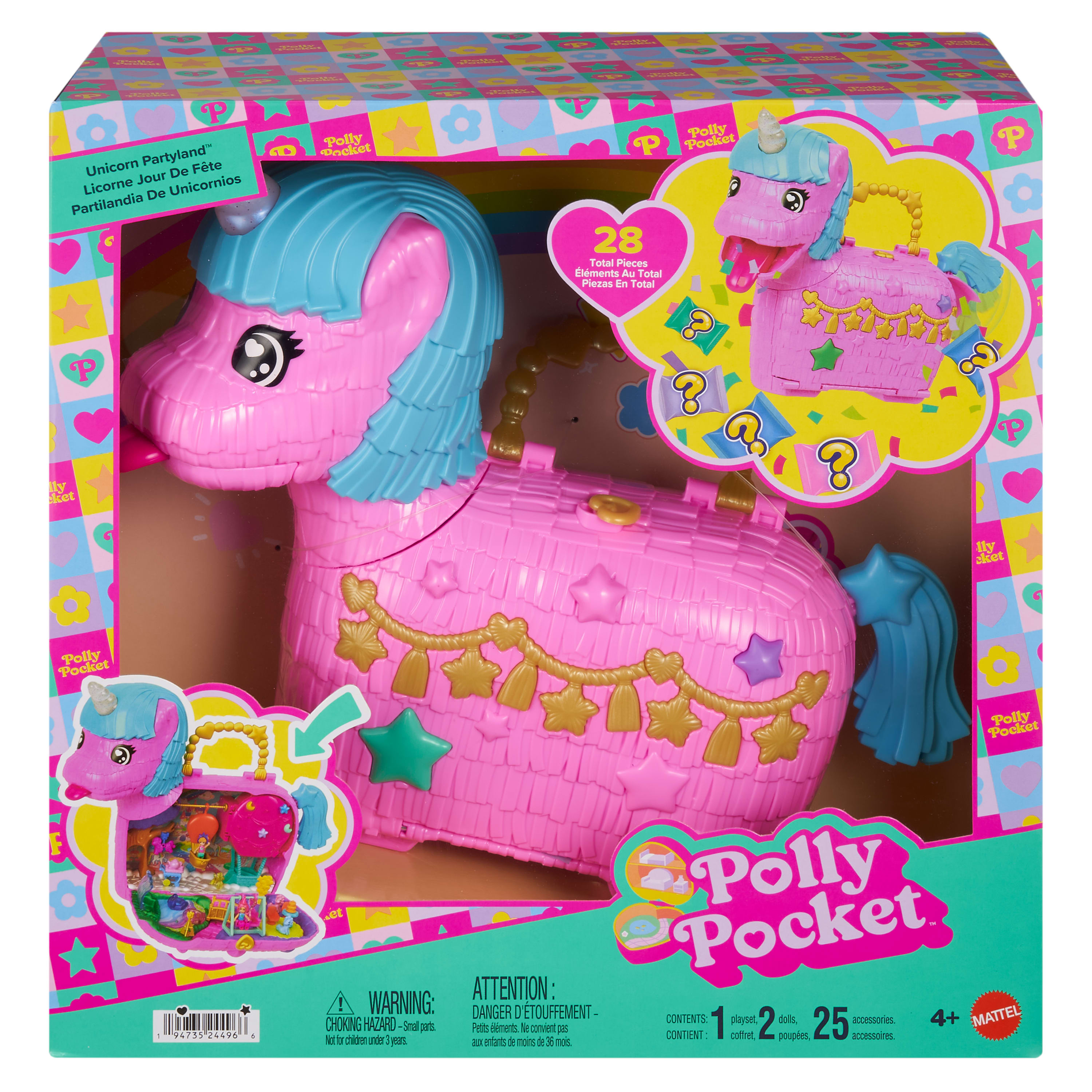 Zestaw do zabawy z jednorożcem Polly Pocket w pudełku. Jest różowy z niebieskimi włosami. Pudełko ma tekst i tęczę.