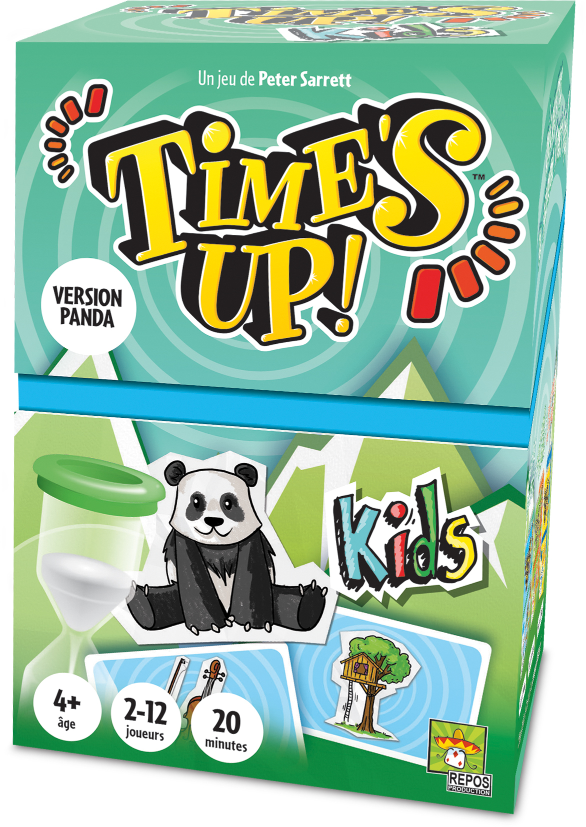 Schachtel des Time's Up Kids Spiels mit Panda, Sanduhr und Spieldetails. Text enthält 'Times Up!', 'Kids' und 'Version Panda'.