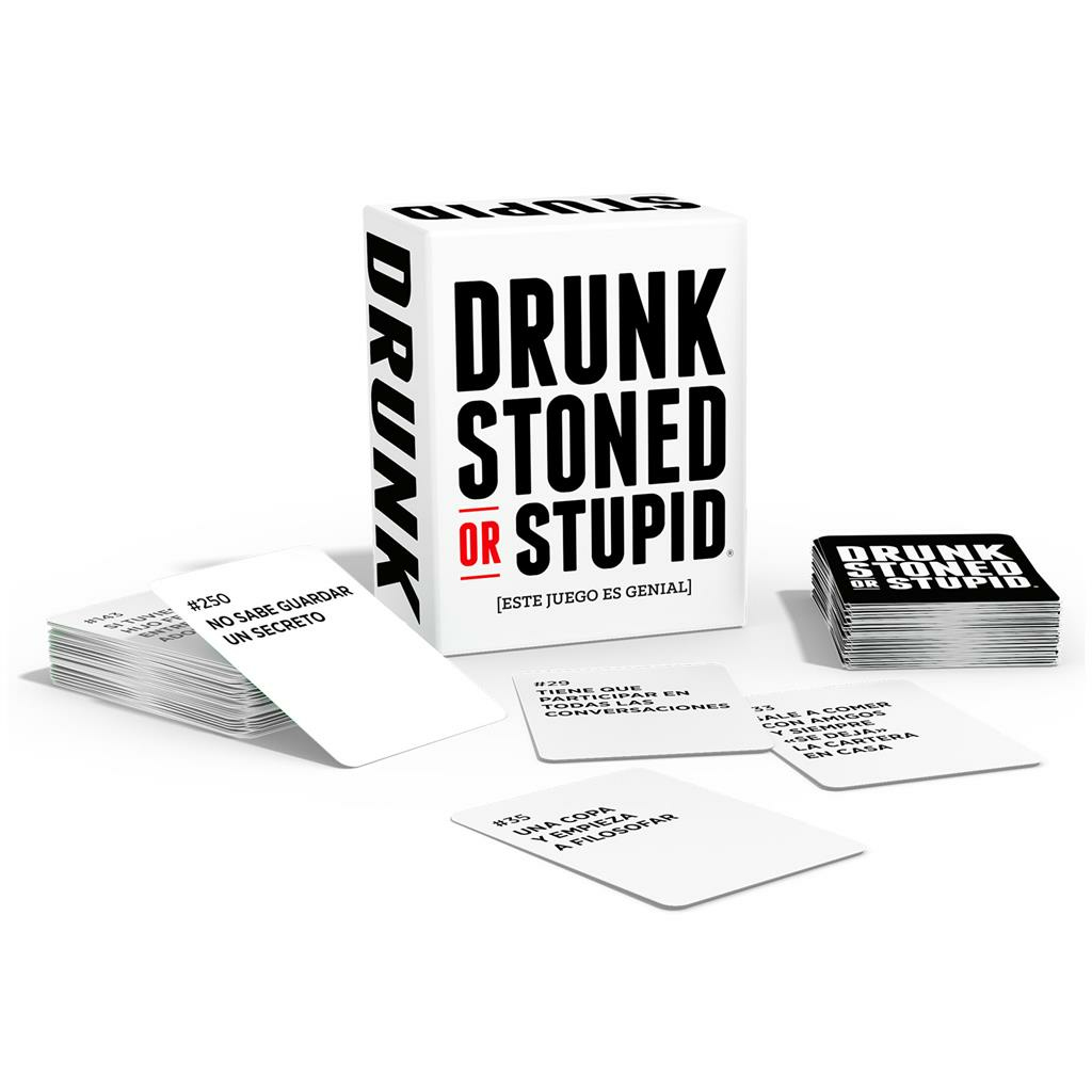 Eine Spielbox mit dem Titel 'Drunk Stoned or Stupid' mit Karten. Die Karten haben Sätze. Die Box ist weiß mit schwarzem Text und roten Akzenten.