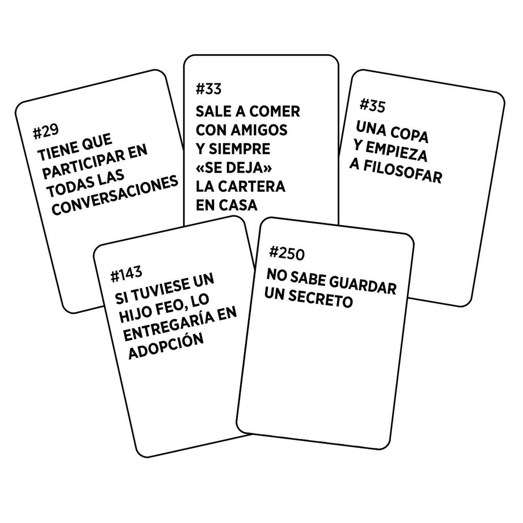 Fünf Karten mit spanischem Text. Jede hat eine Nummer. Texte handeln von Gesprächen, Essen gehen, Geheimnissen und Philosophie.