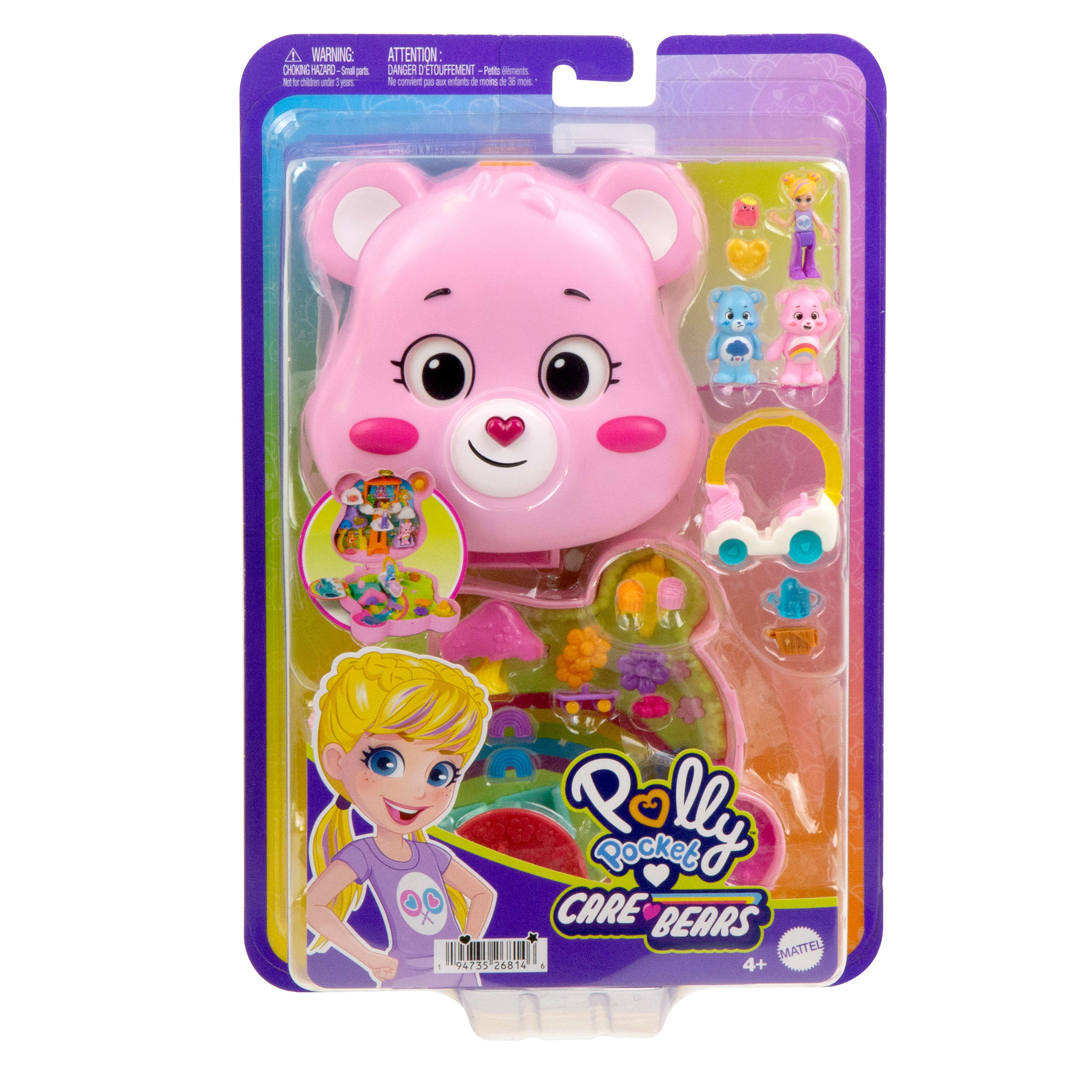 Zestaw zabawek Polly Pocket Care Bears. Zawiera różową głowę misia, małe figurki i inne akcesoria w opakowaniu.