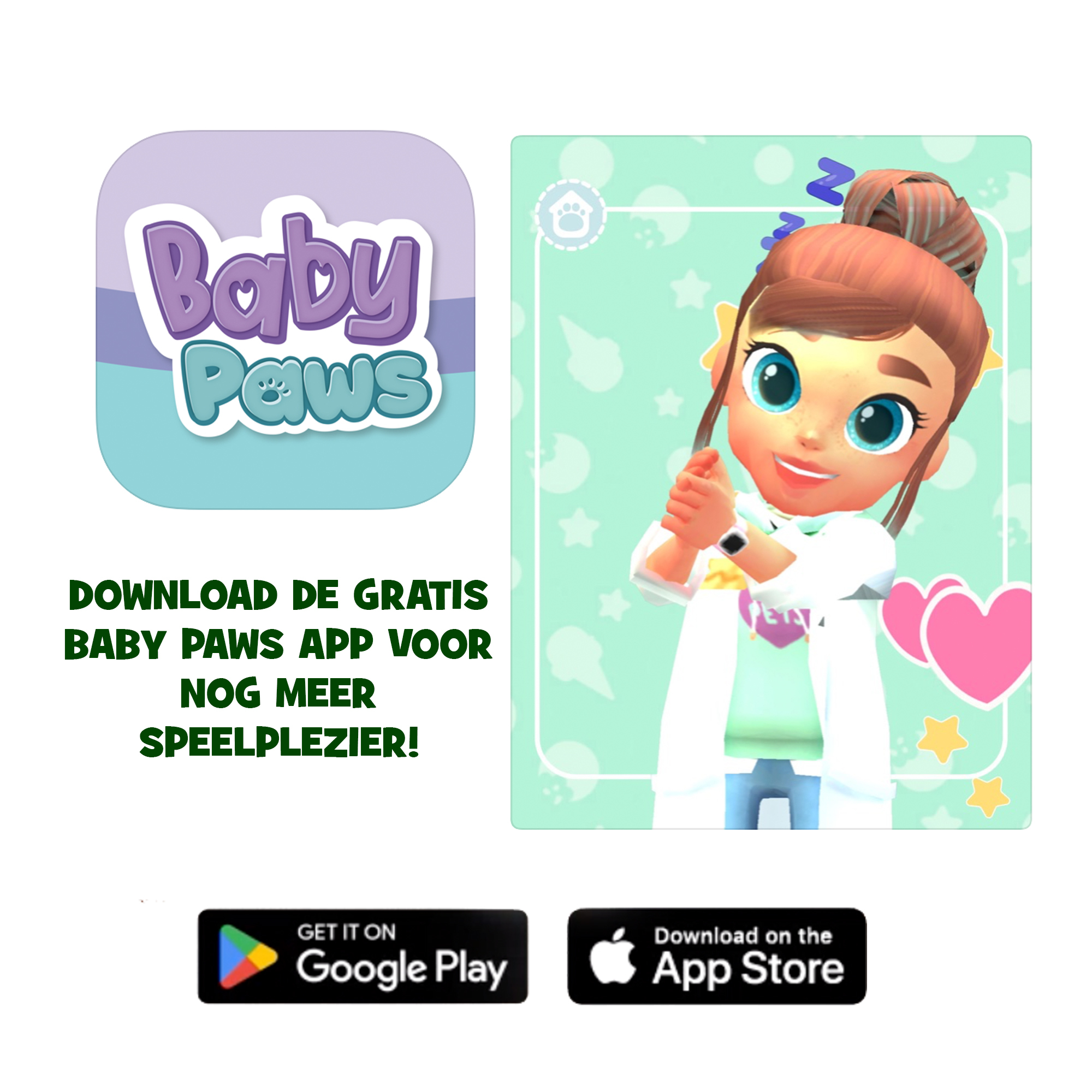 Eine App-Werbung zeigt ein Cartoon-Mädchen, das Baby Paws-Logo und Schaltflächen zum Herunterladen der App von Google Play und App Store.