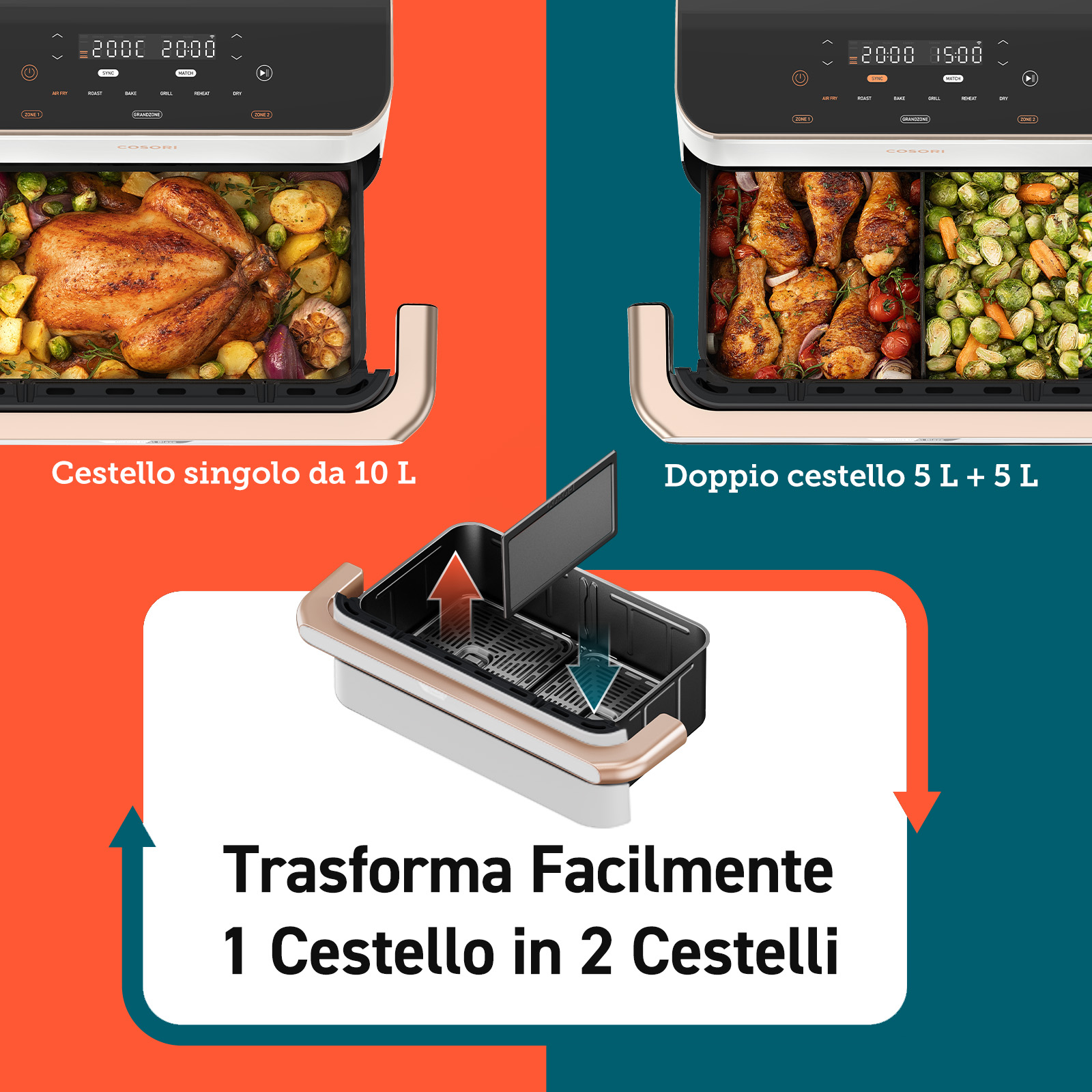 Frytownica powietrzna pokazująca całego pieczonego kurczaka i warzywa w jednym koszu oraz nogi, pomidory i warzywa w drugim.