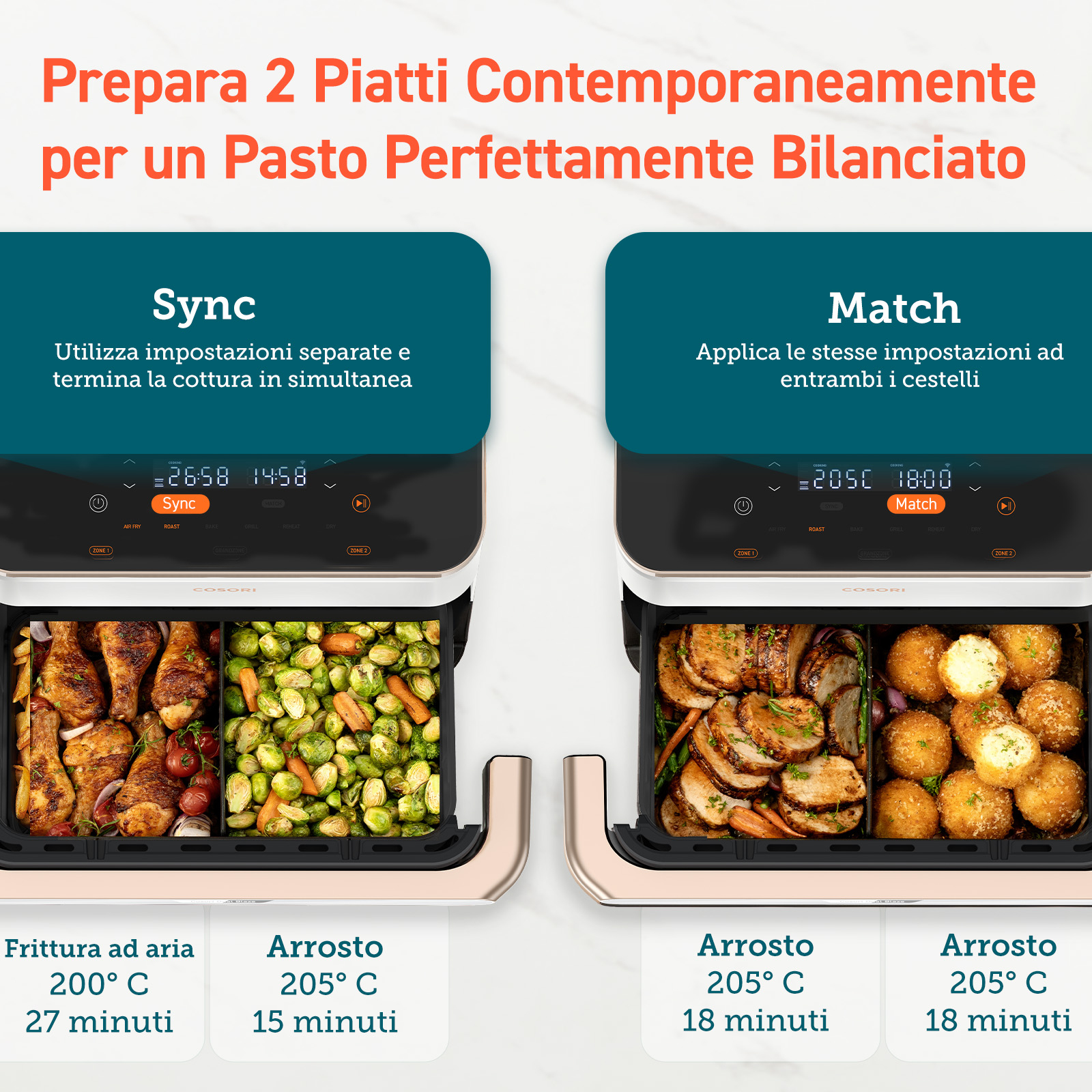 Frytownica powietrzna z dwiema komorami. Jedna ma kurczaka i warzywa, druga pokrojone mięso i smażone kulki.