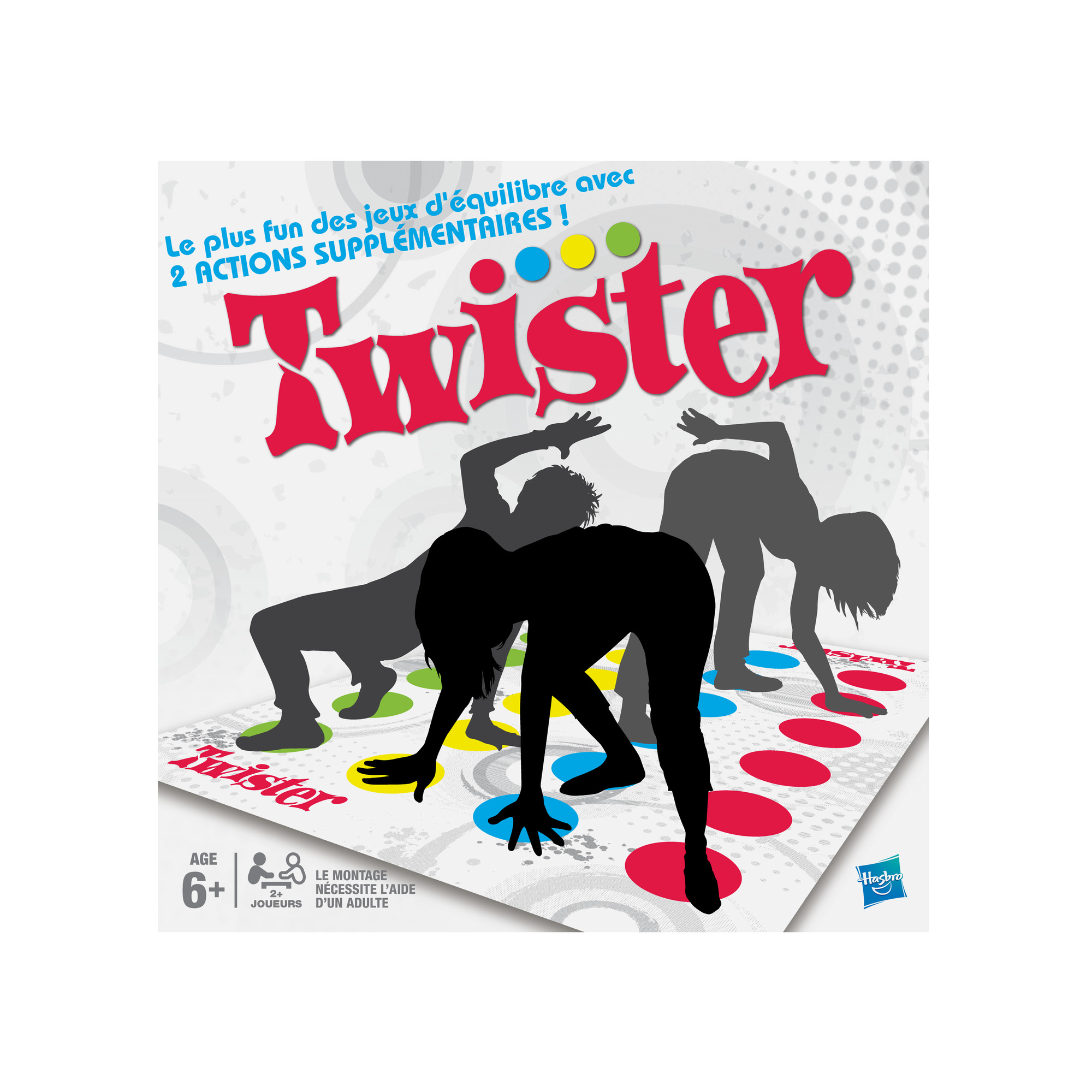 Pudełko gry Twister. Sylwetki ludzi grających na kolorowej macie. Tekst zawiera nazwę gry i przedział wiekowy.