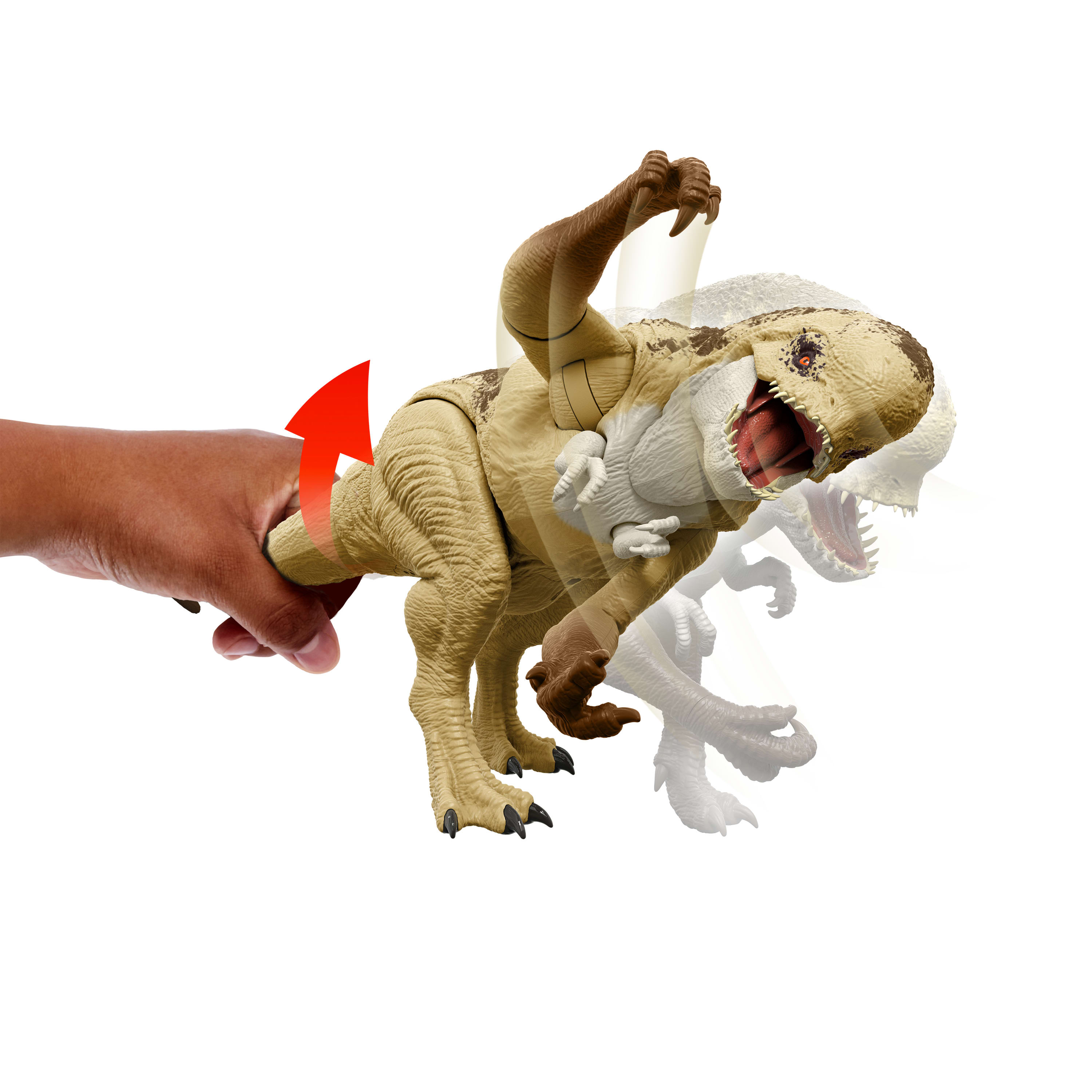 Ein Spielzeug-Dinosaurier wird von einer Hand gehalten. Das Maul des Dinosauriers ist offen. Ein roter Pfeil zeigt eine Aktion an.