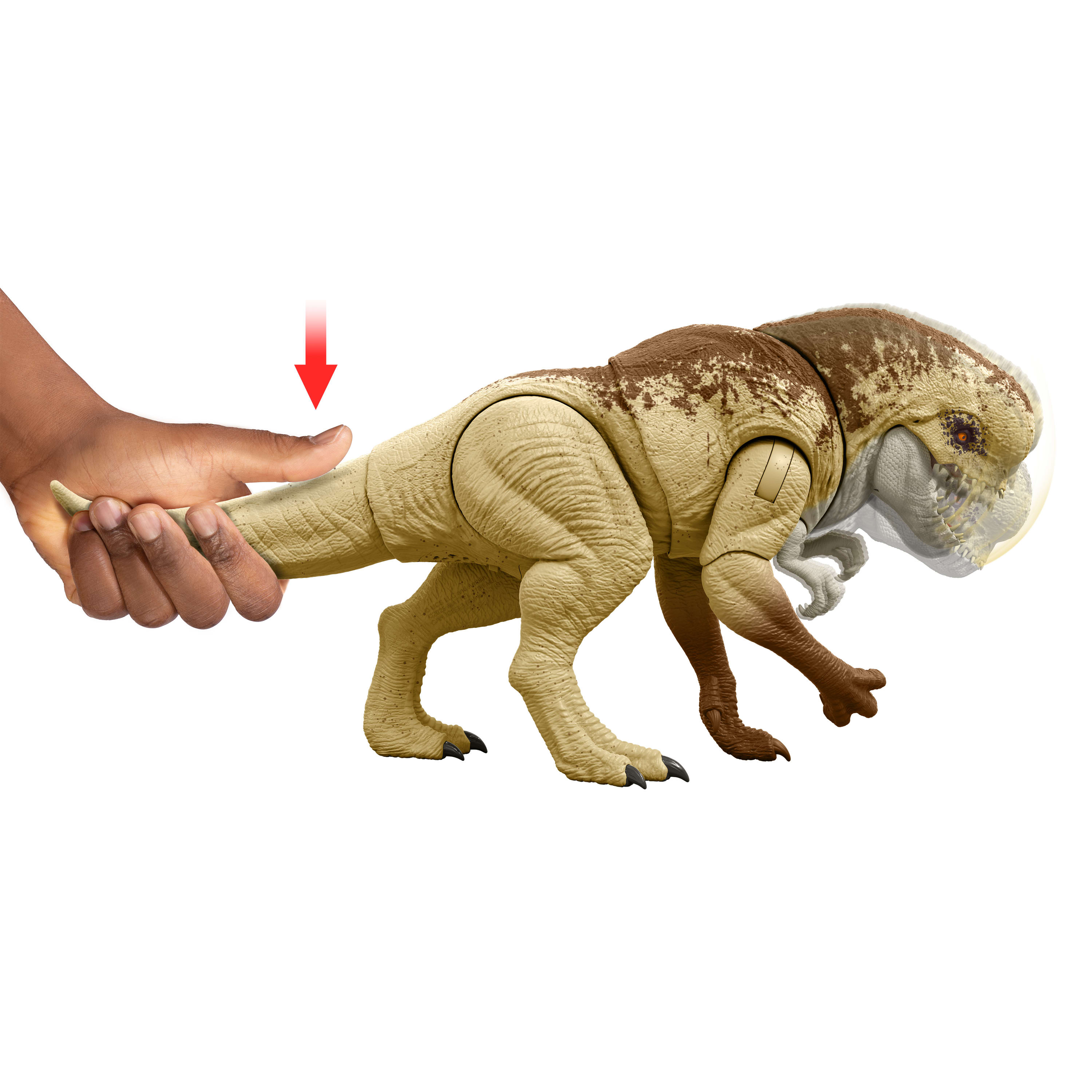 Ein hellbraunes Dinosaurierspielzeug wird von einer Hand gehalten. Ein roter Pfeil zeigt nach unten. Der Dino ist vor weißem Hintergrund.