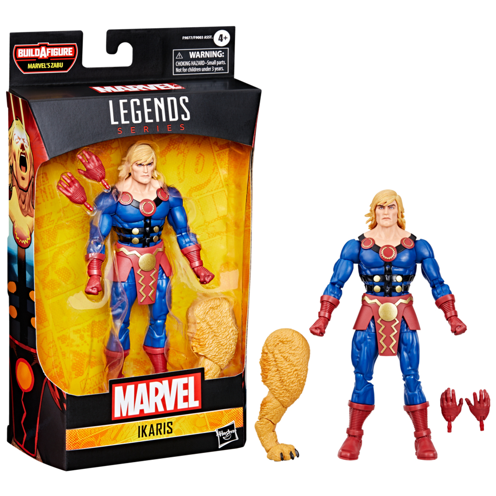 Marvel Ikaris aksiyon figürü kutuda ve dağınık. Mavi ve kırmızı takım elbise, sarı saç. Kutuda figür resmi var. Ekstra el ve bacak içerir.