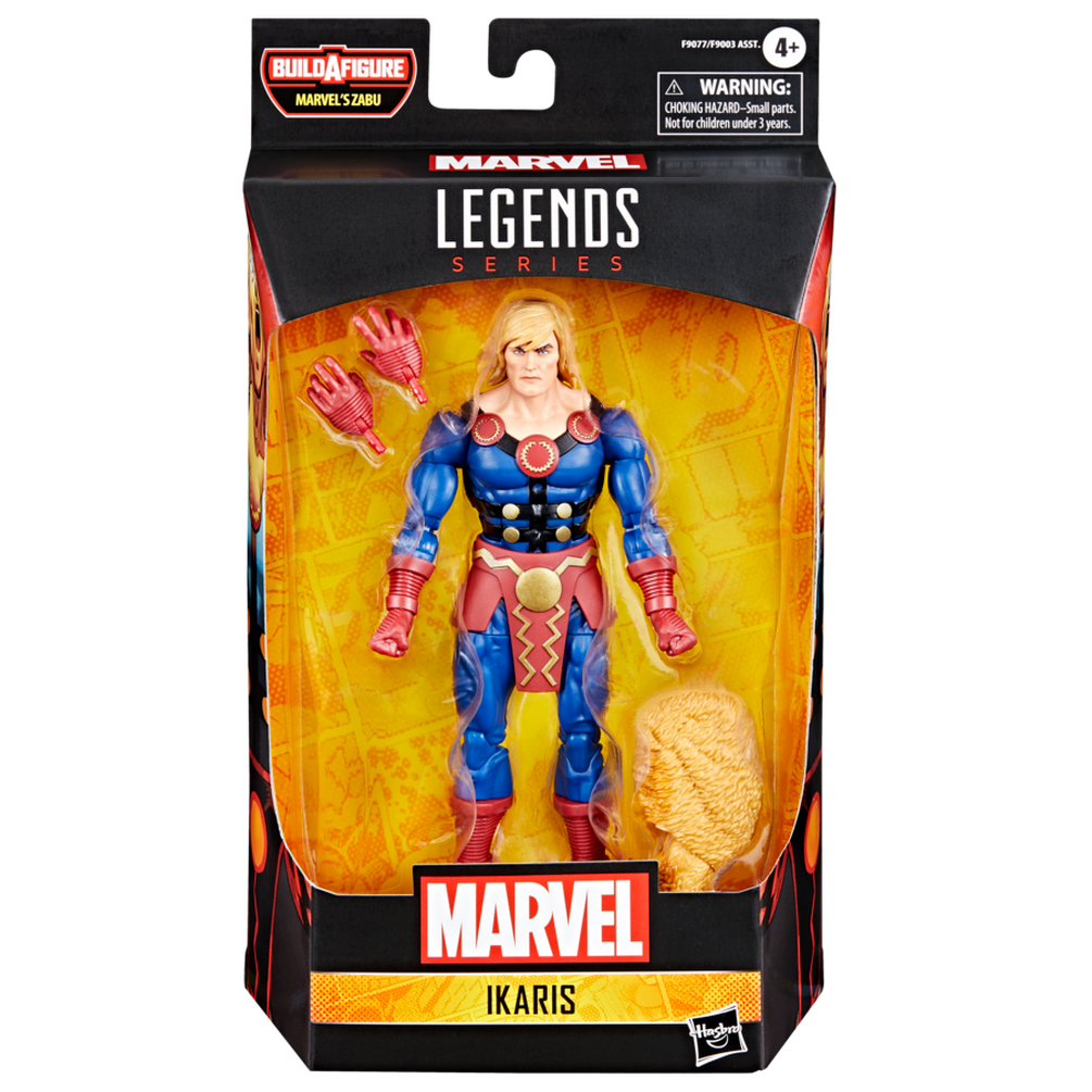 Ambalajında Marvel Legends Ikaris aksiyon figürü. Figür mavi, kırmızı ve altın rengindedir. Ekstra eller ve bir saç başı içerir.