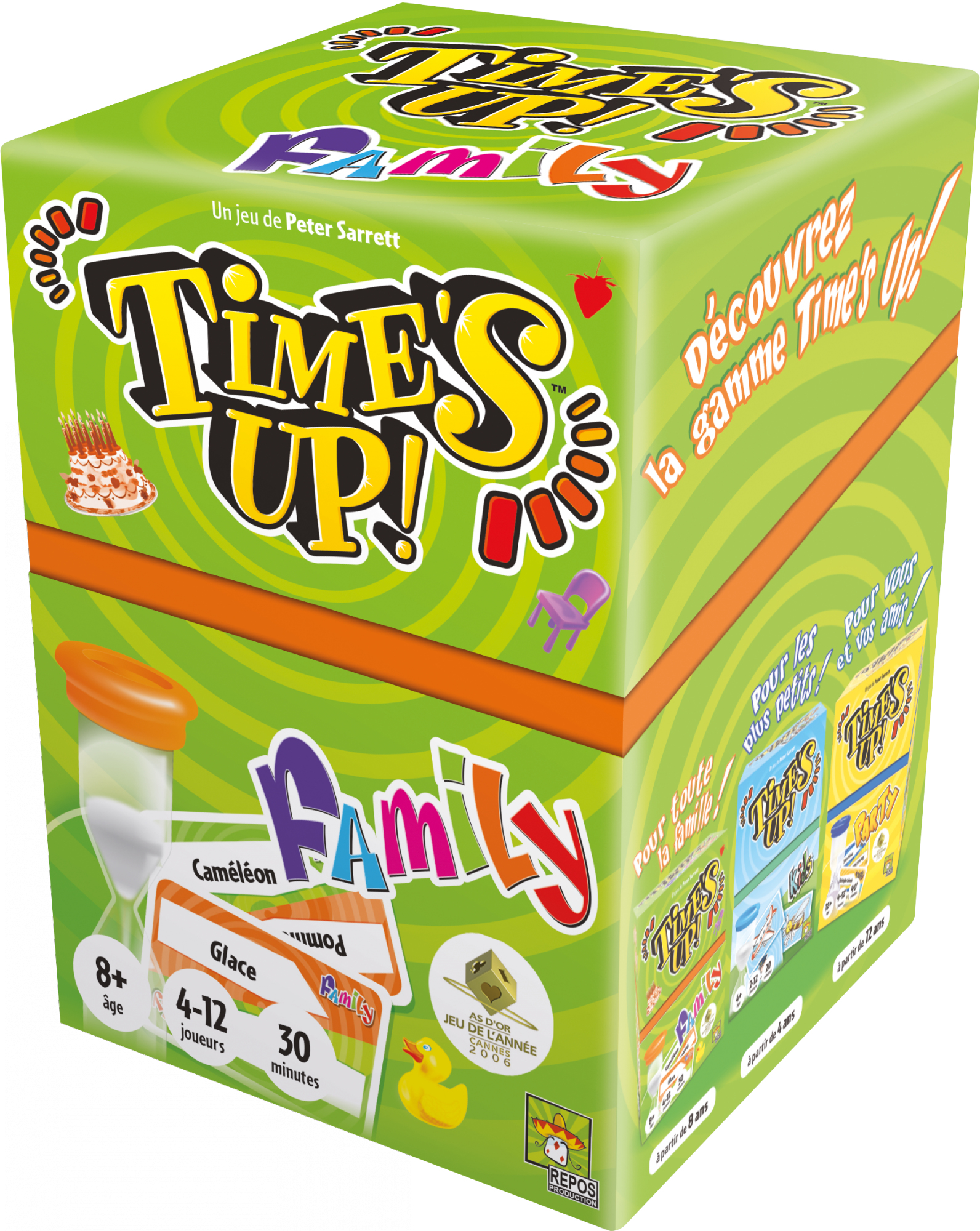 Une boîte de jeu de société Time's Up! Family. Fond vert avec détails du jeu, dont un sablier et des cartes.