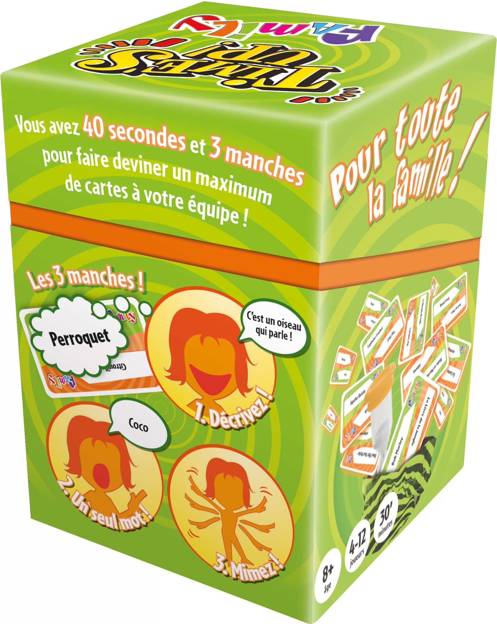 Une boîte de jeu avec des accents verts et orange, avec des instructions et des illustrations. Des cartes débordent de la boîte.