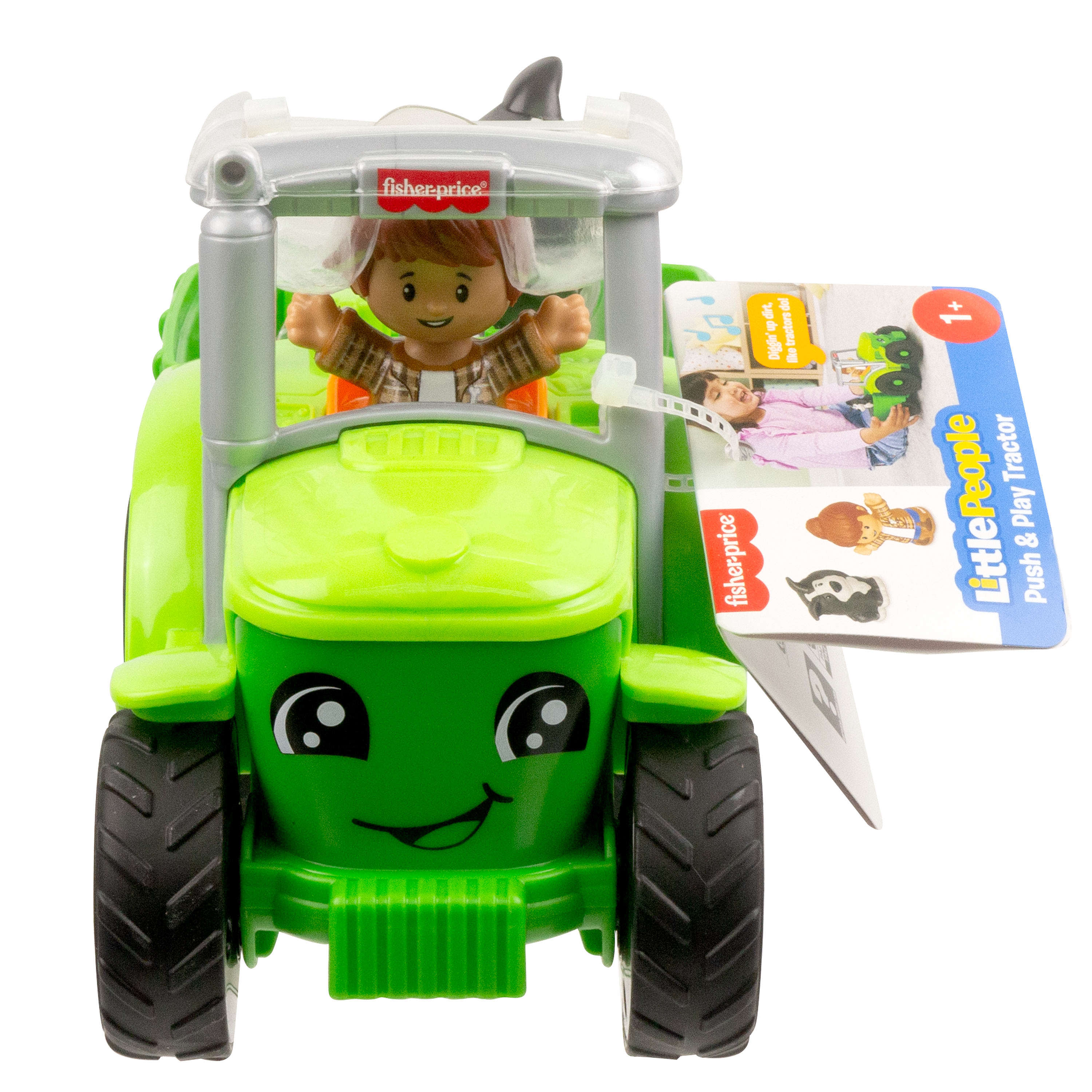 Zielony traktor zabawkowy z uśmiechniętą twarzą, kierowcą i etykietą produktu. Traktor ma czarne koła.