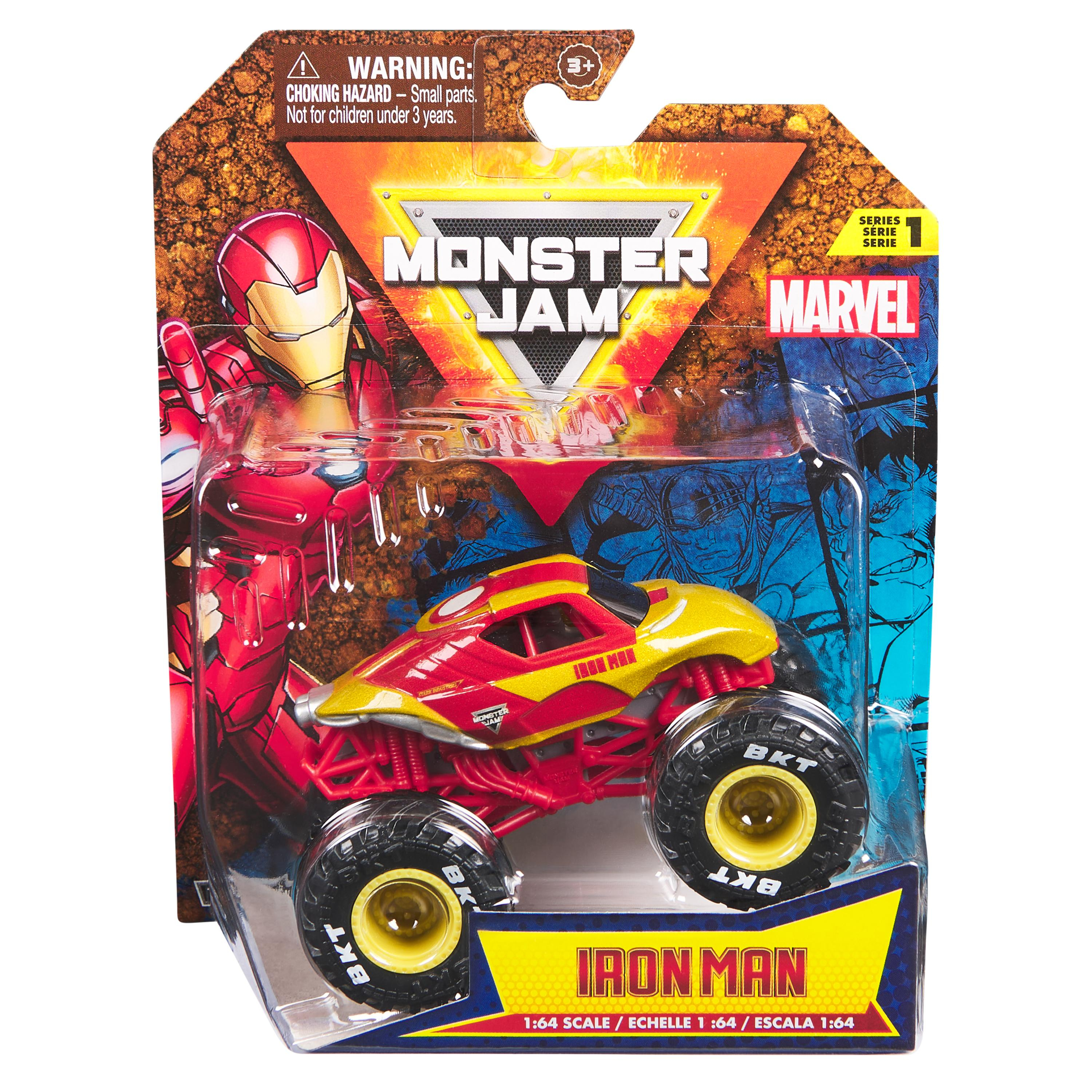 Juguete de camión monstruo Iron Man en embalaje. Colores rojo y amarillo, neumáticos negros. Marca Marvel y Monster Jam.