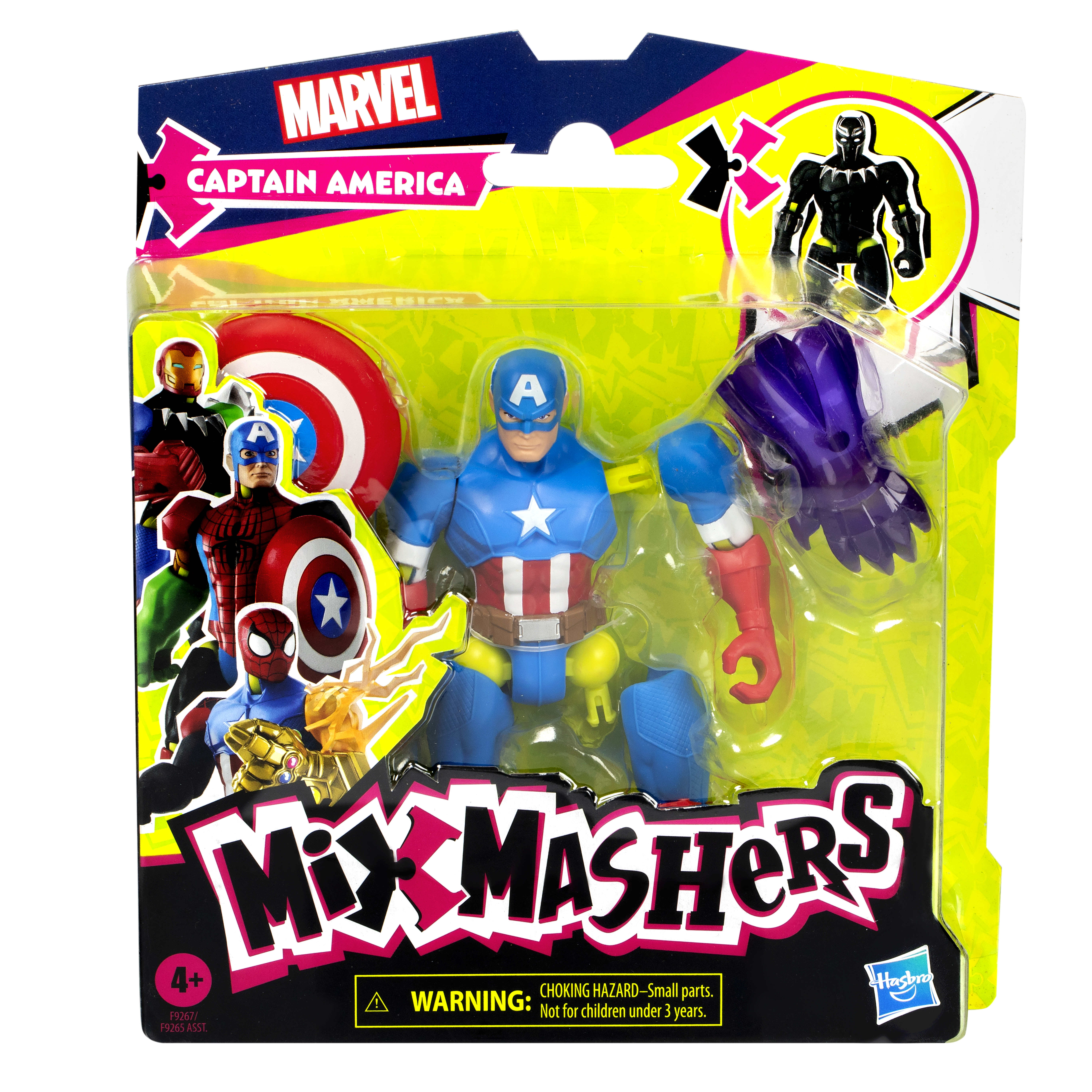 Eine Captain America-Actionfigur befindet sich in einer Verpackung mit anderen Marvel-Charakteren. Die Verpackung ist gelb und blau.