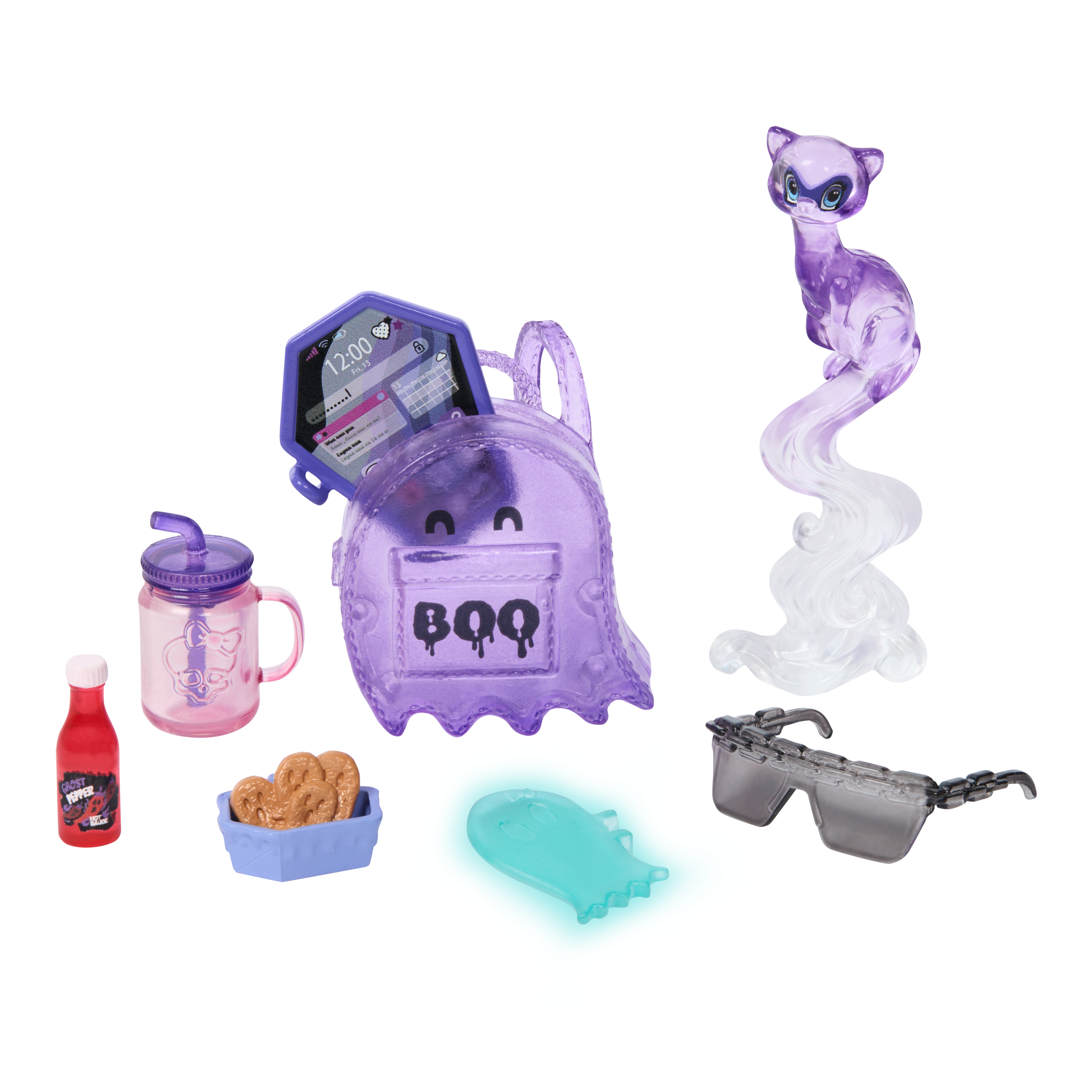 Fioletowy plecak z motywem ducha, kot, okulary przeciwsłoneczne, przekąski, napój i świecąca figurka ducha.