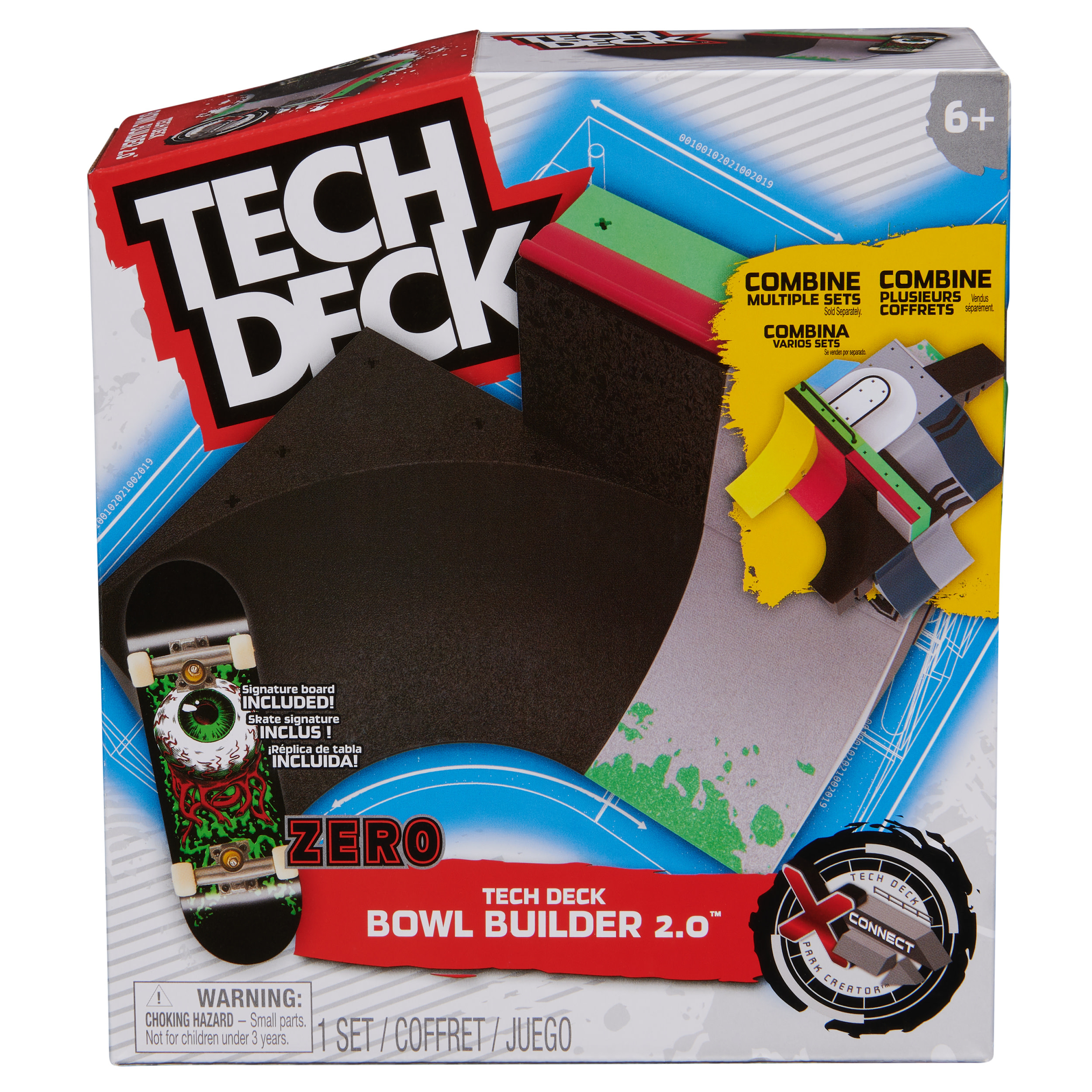 Tech Deck Bowl Builder 2.0 in scatola. Include skateboard, rampe e istruzioni. Con etichette 'ZERO' e '6+'.